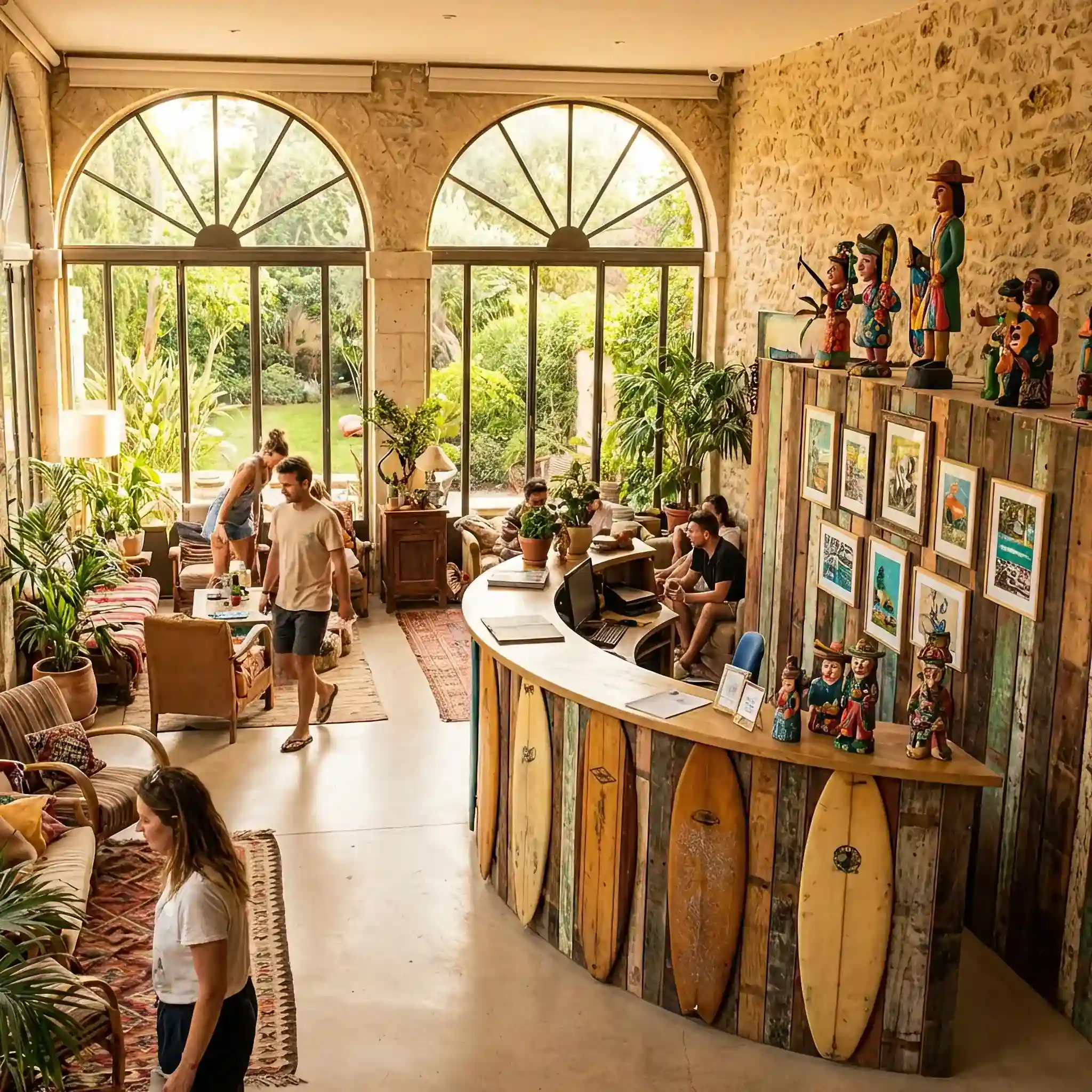 Архитектура и дизайн: Живое и эклектичное вестибюль отеля Mama Shelter (Accor) с ярким и необычным стойка регистрации