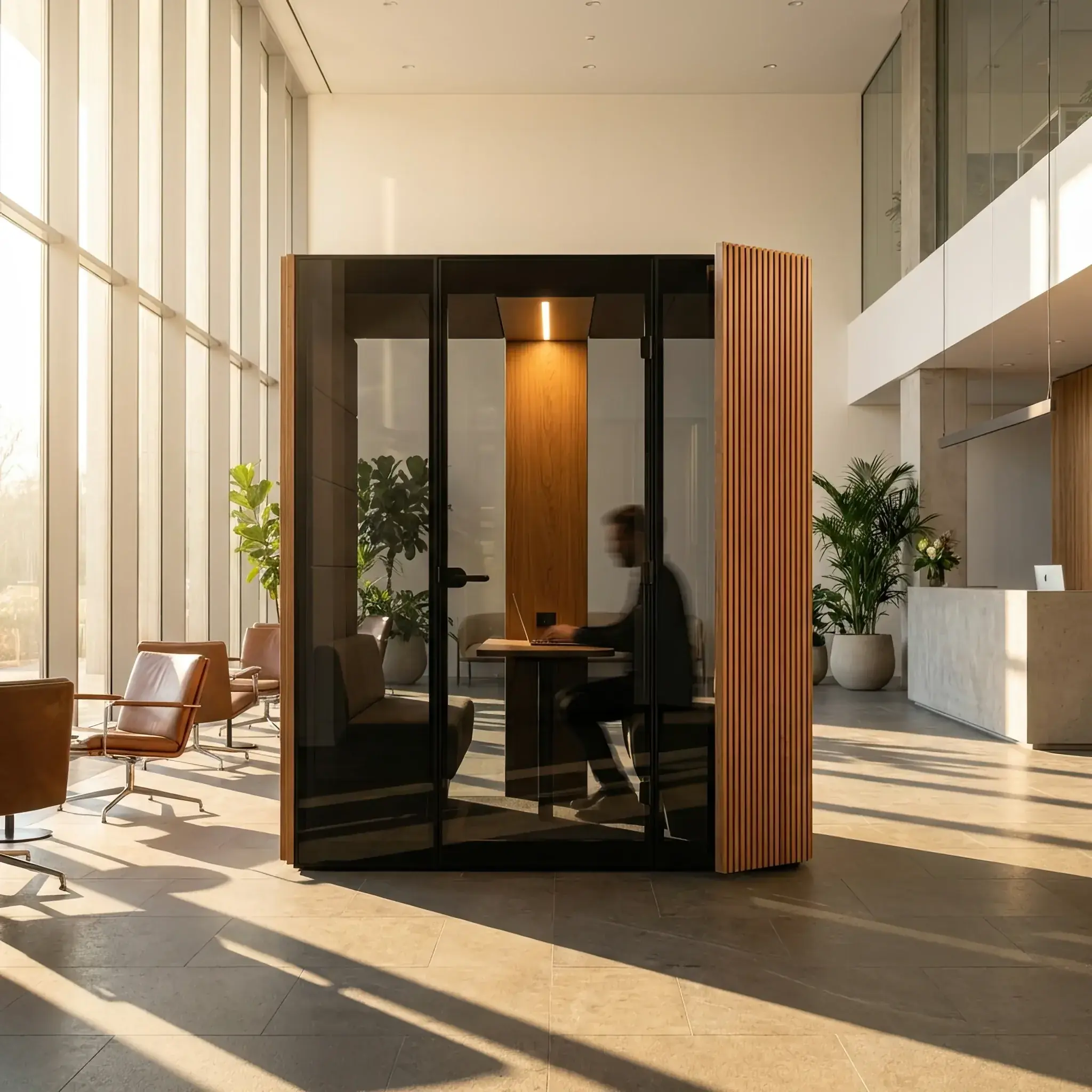 Архитектура и дизайн: Футуристичная акустическая кабина из темного стекла и дерева в центре офисного холла