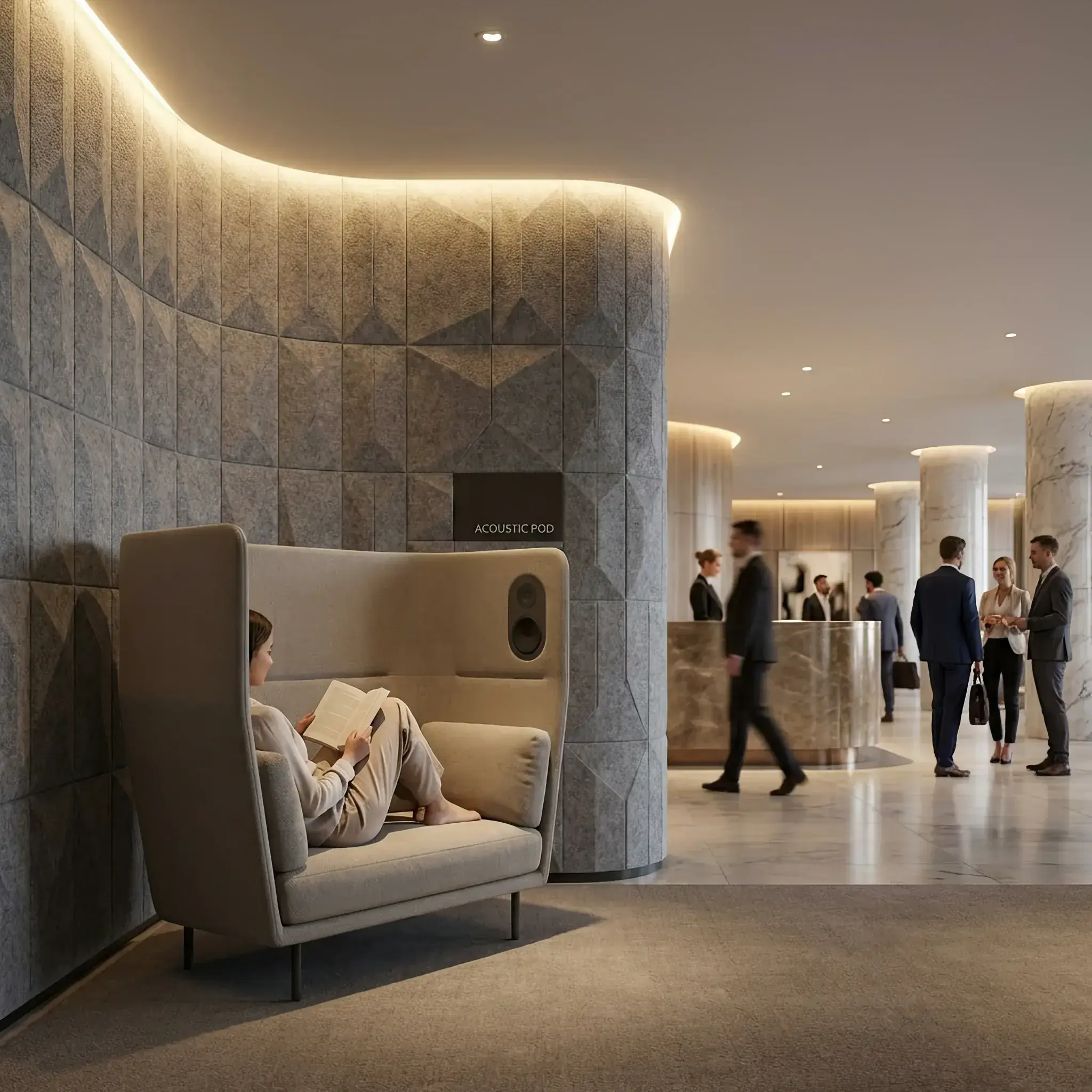 Архитектура и дизайн: Современное вестибюль с использованием звукопоглощающих панелей и рельефных поверхностей для контроля акустики