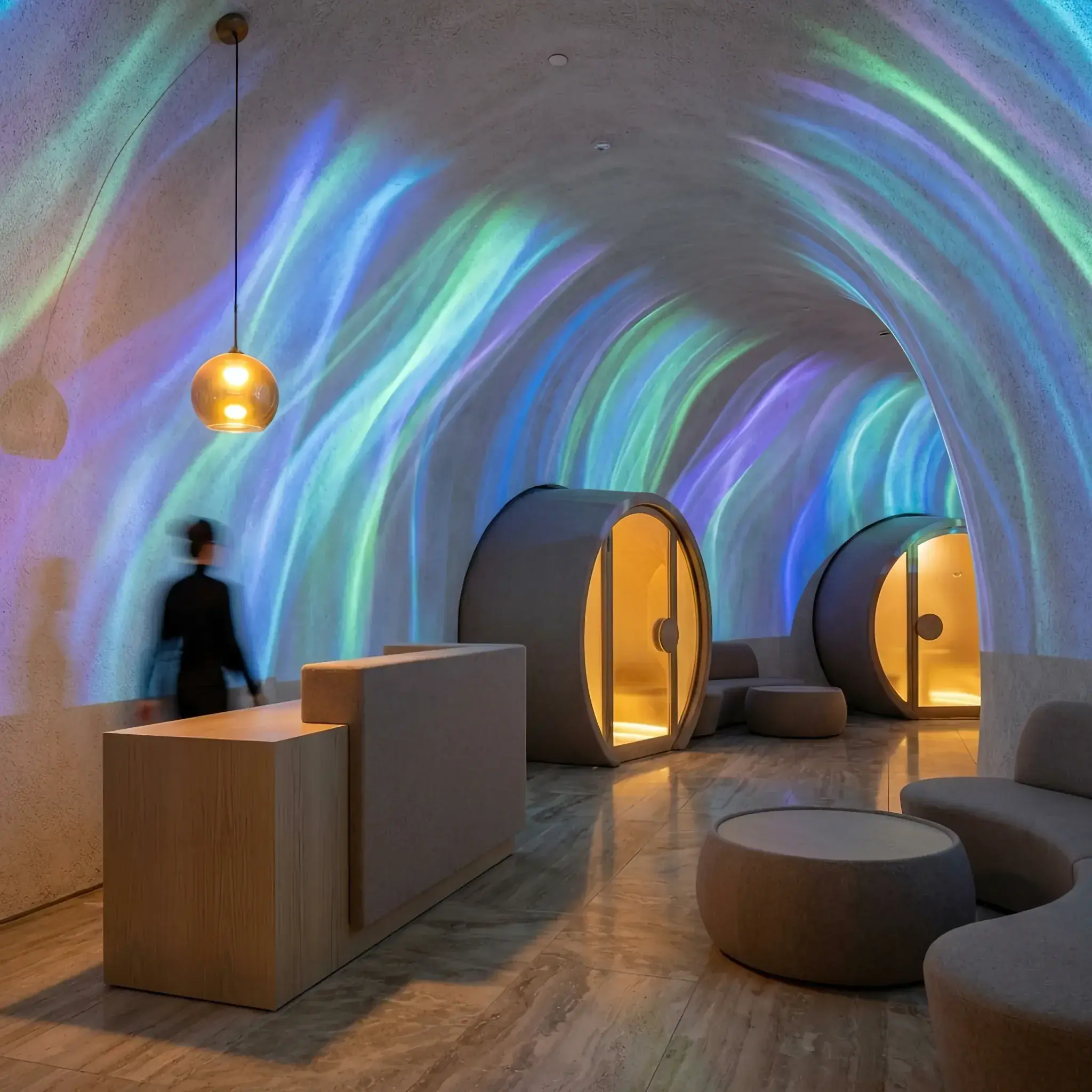 Архитектура и дизайн: Футуристичная комната для релаксации с мягкими формами и проекцией световых волн