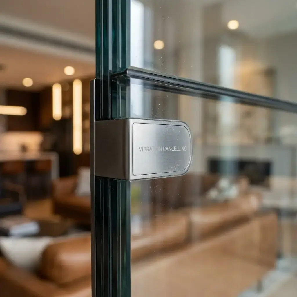 Interior detail: Silence-View 2026 active glazing section with an integrated piezo-mesh