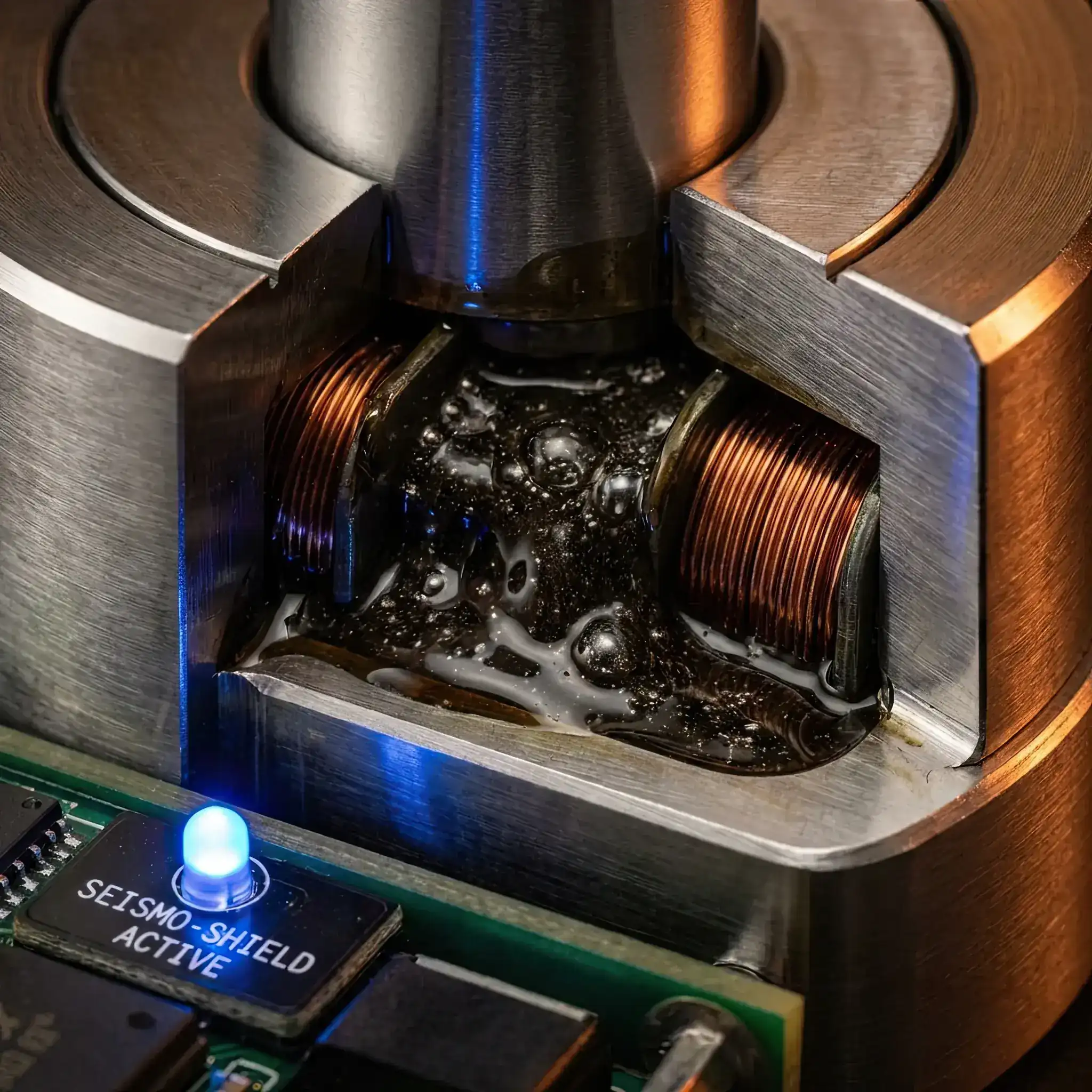 Interior detail: Cross-section of a Seismo-Shield 2026 active bearing with a titanium core and coil system