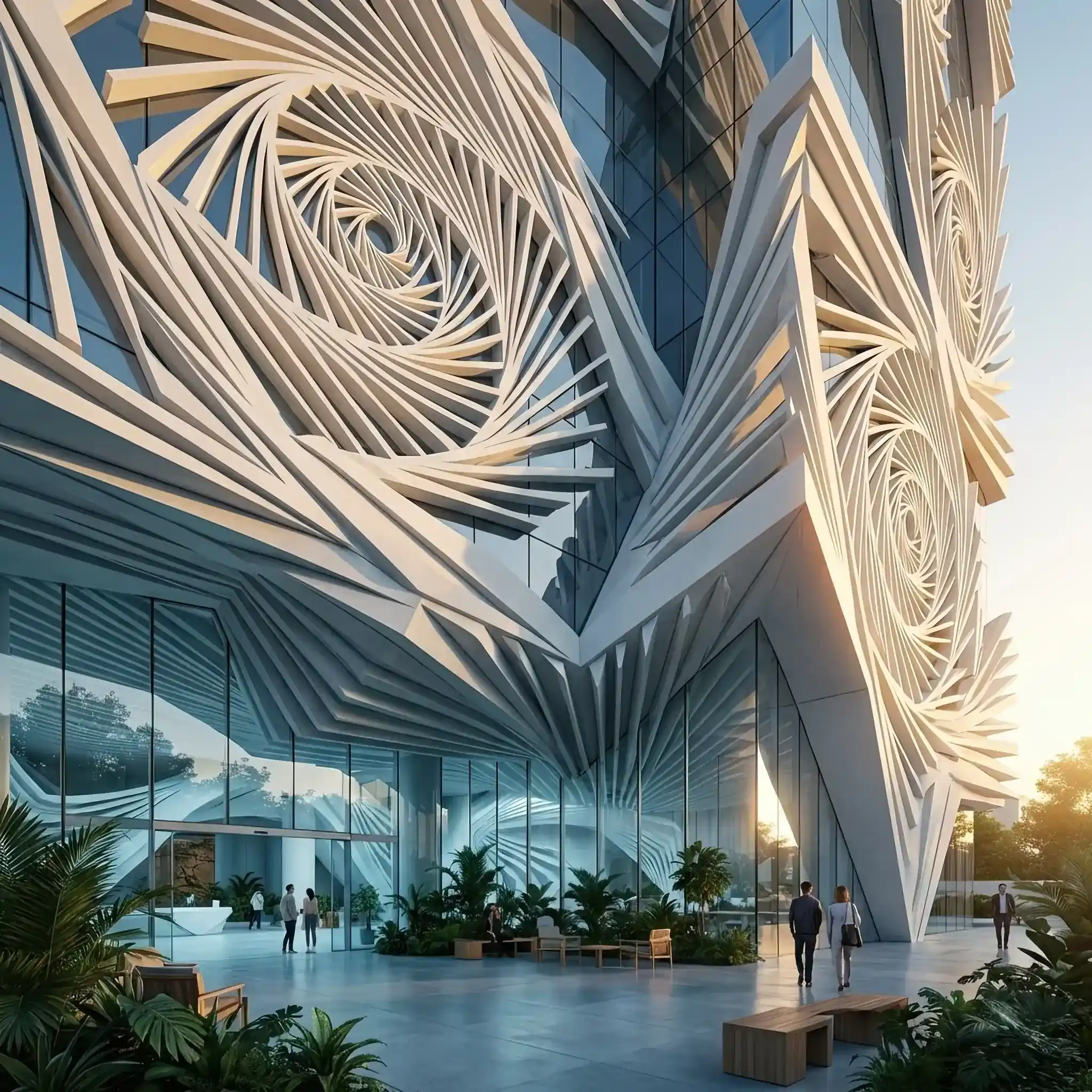 Архитектура и дизайн: Сложный рельеф фасада вестибюль, созданный интеллектуальными алгоритмами, обеспечивает пассивное охлаждение через самозатенение
