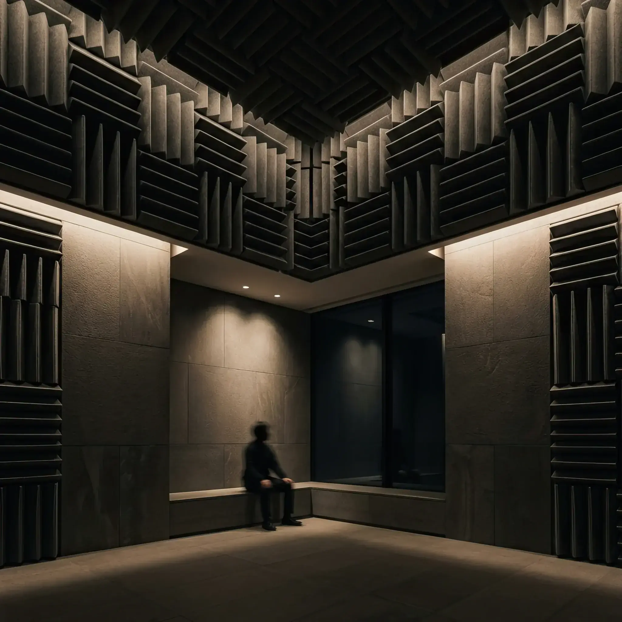 Архитектура и дизайн: Сюрреалистичный интерьер вестибюль с глубоким поглощением звука и футуристичной геометрией стен