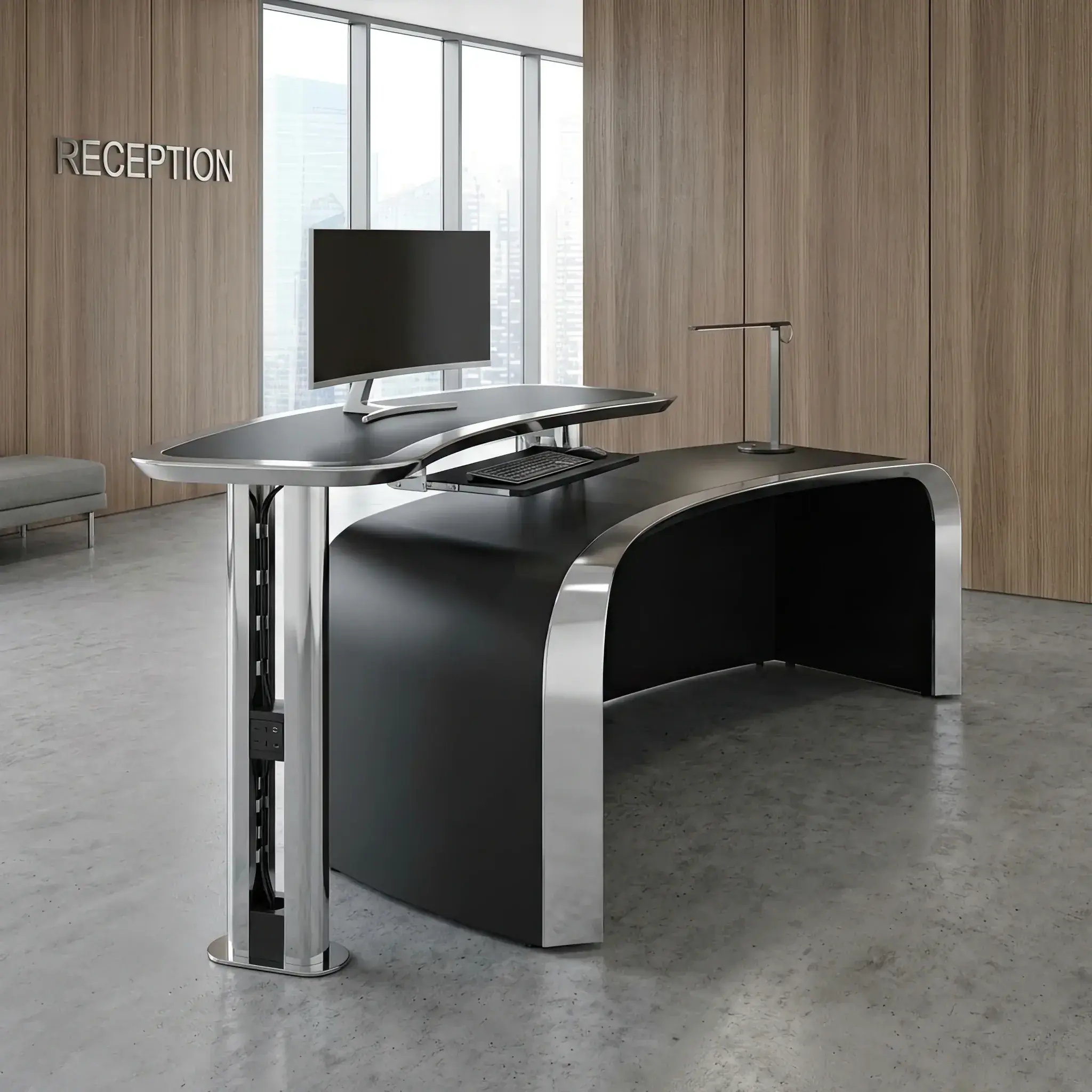 Архитектура и дизайн: Приемная с многоуровневой подсветкой: парящий цоколь, светящийся фасад и акцентный свет сверху