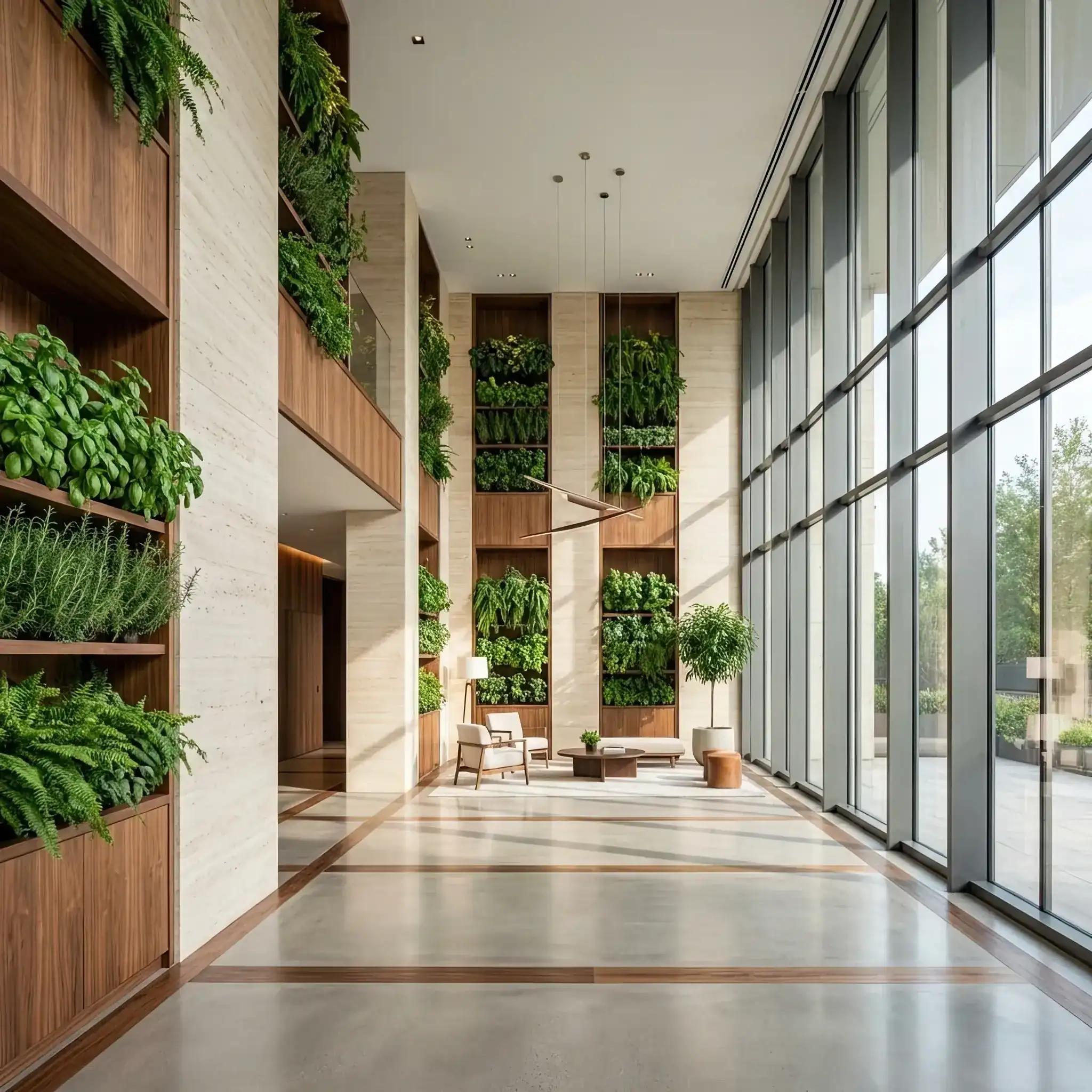 Архитектура и дизайн: Посетитель вестибюля выбирает на сенсорной панели нужные травы, и система аккуратно срезает пучок свежего базилика из встроенного фитомодуля