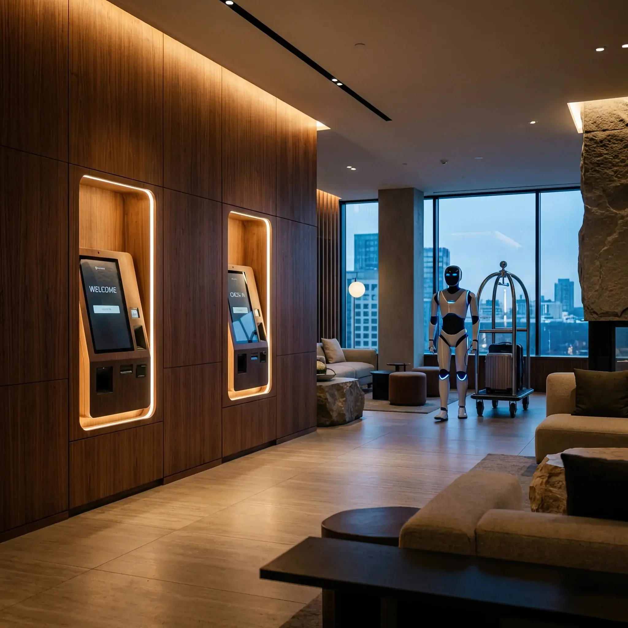 Архитектура и дизайн: Пустой, но уютный холл отеля с рядом светящихся киосков регистрации и роботом-портье