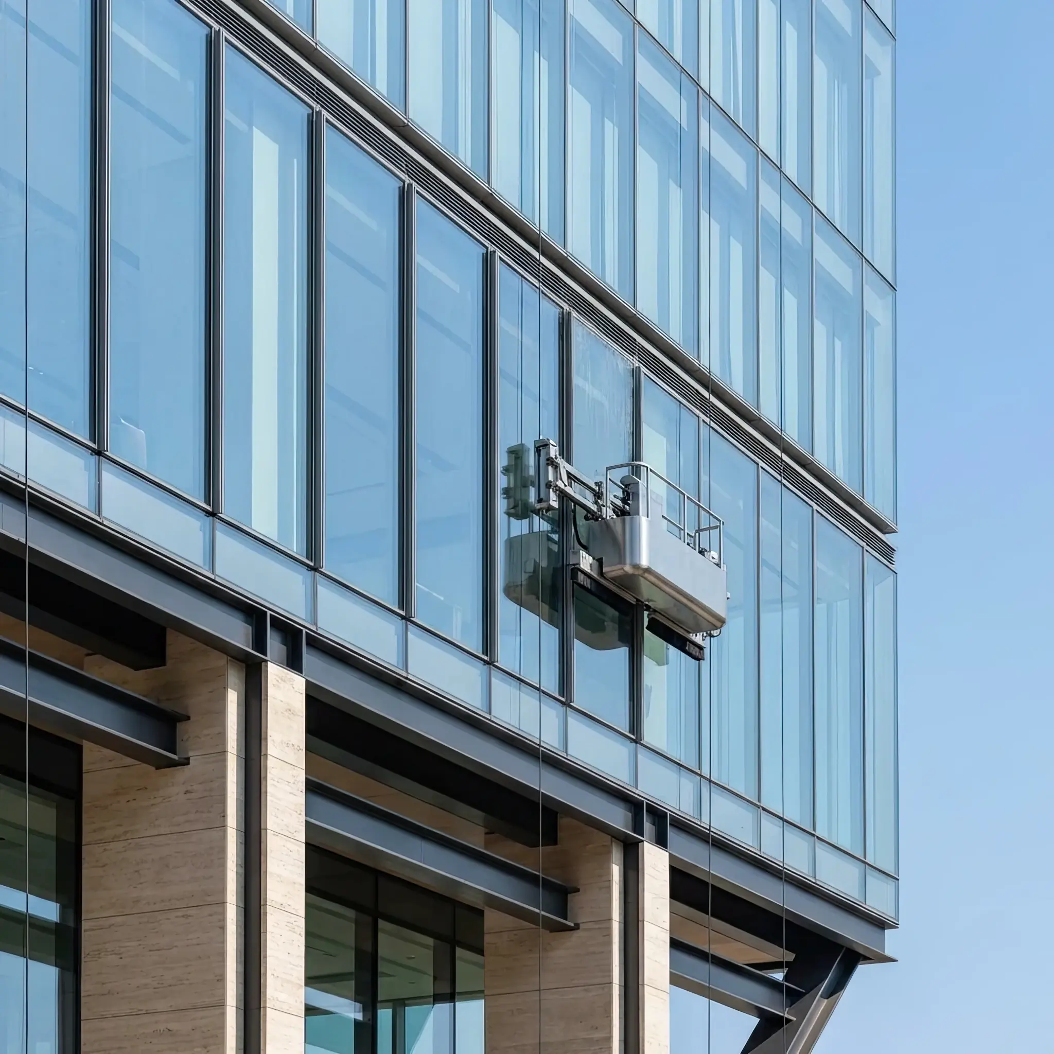 Архитектура и дизайн: Компактный робот плавно скользит по стеклянному фасаду небоскреба, поддерживая идеальную чистоту остекления без участия человека