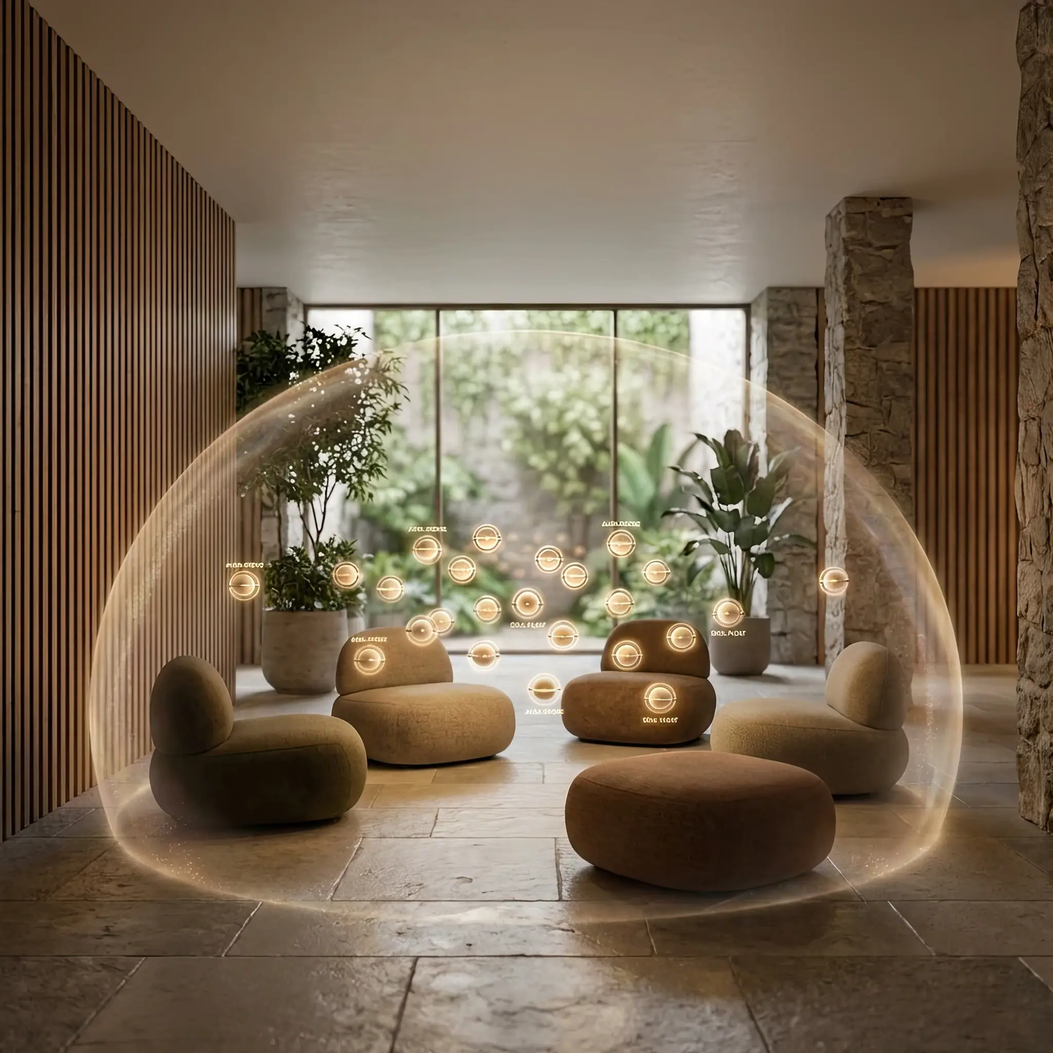 Архитектура и дизайн: Бесшумный элегантный дрон доставляет кофе гостю, сидящему в глубине просторного вестибюль