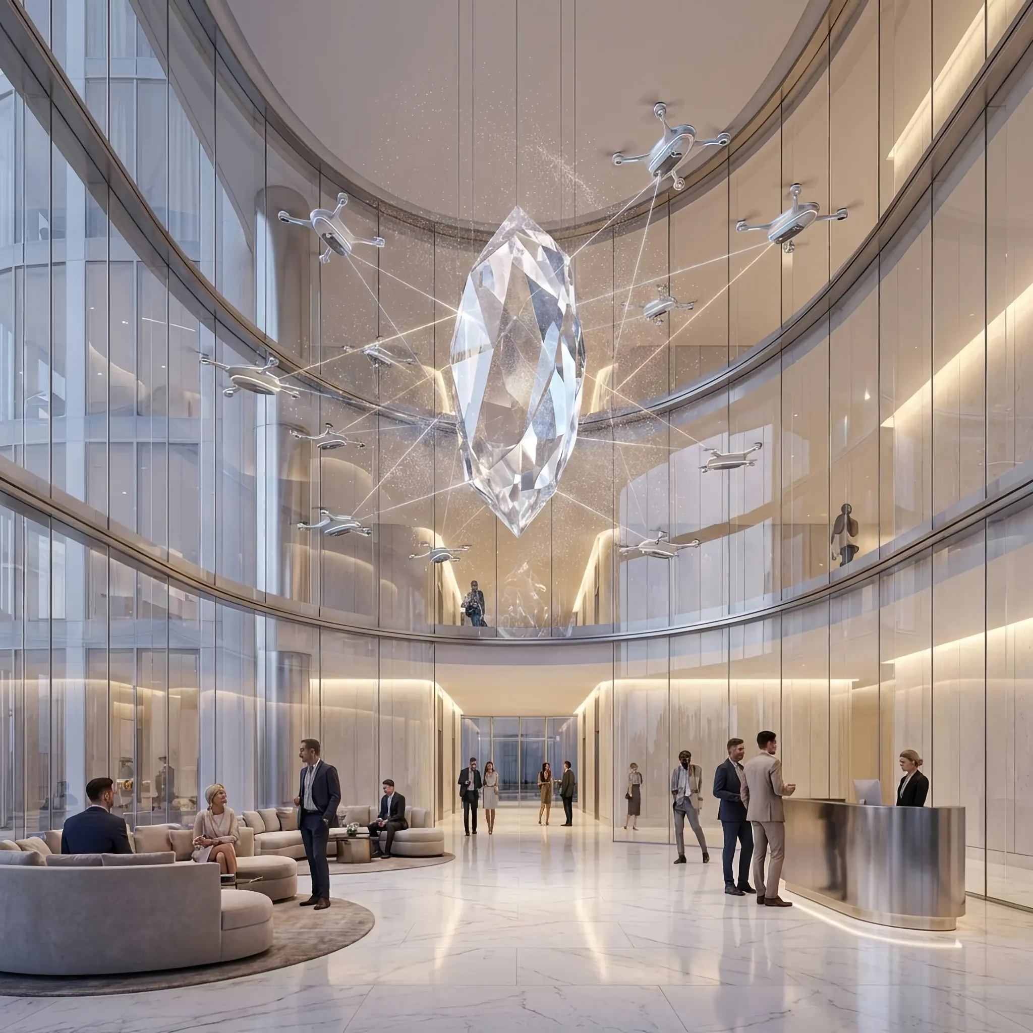 Архитектура и дизайн: Рой дронов Brilliance-Float создает эффект сияющей дымки вокруг хрустальной инсталляции, прецизионно настраивая глубину отражений