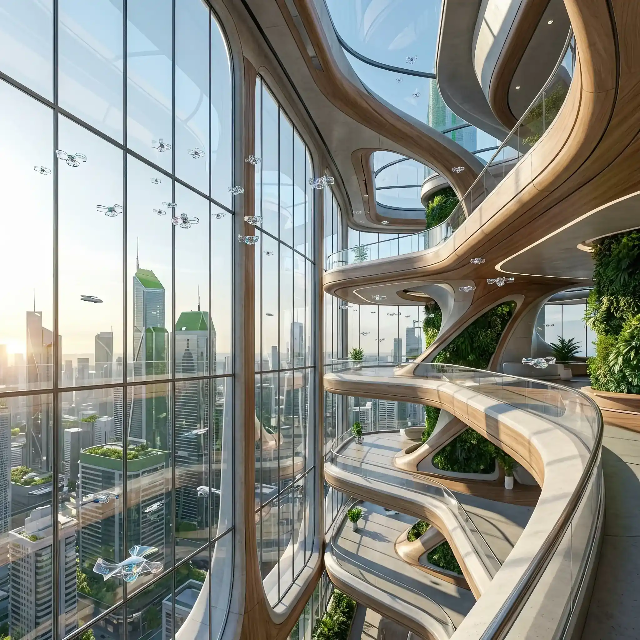 Архитектура и дизайн: Рой дронов-кристаллов Lens-Float прецизионно очищает воздух до состояния абсолютной прозрачности, создавая эффект ювелирного атриума