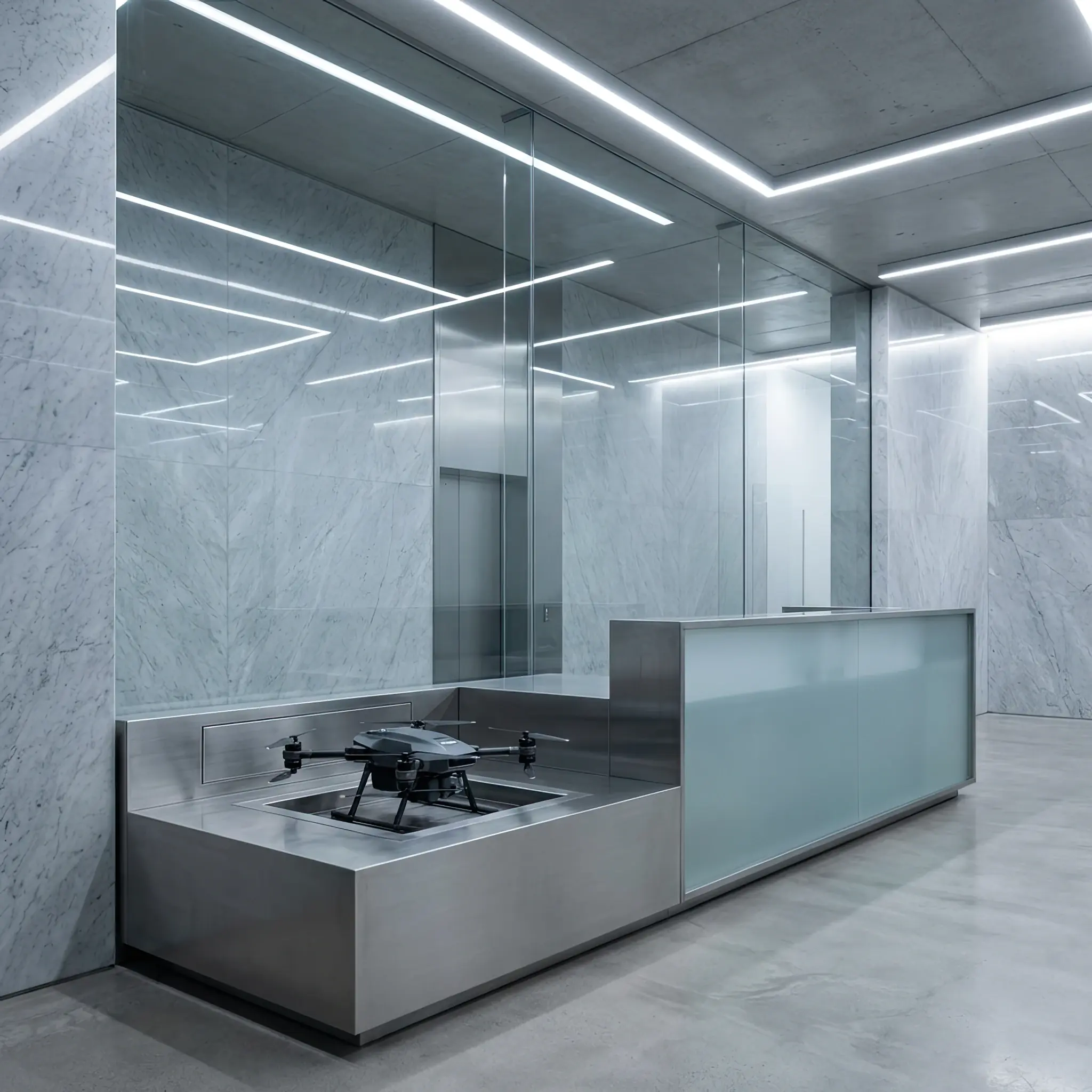 Архитектура и дизайн: Дрон-санитар проводит бесконтактную глубокую дезинфекцию поверхности стола в атриуме вестибюль