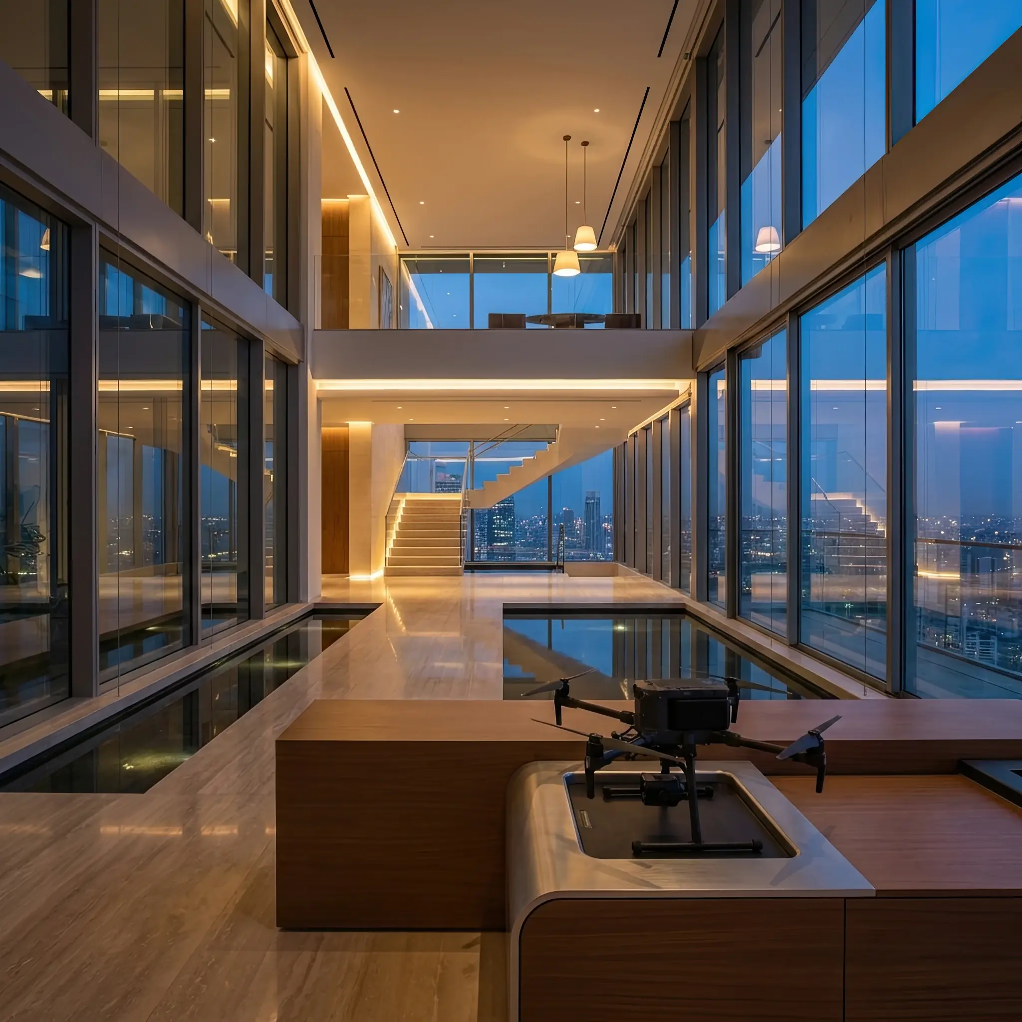 Архитектура и дизайн: Дроны-сияния создают эффект 'золотой пыльцы' в лучах заходящего солнца в атриуме вестибюль