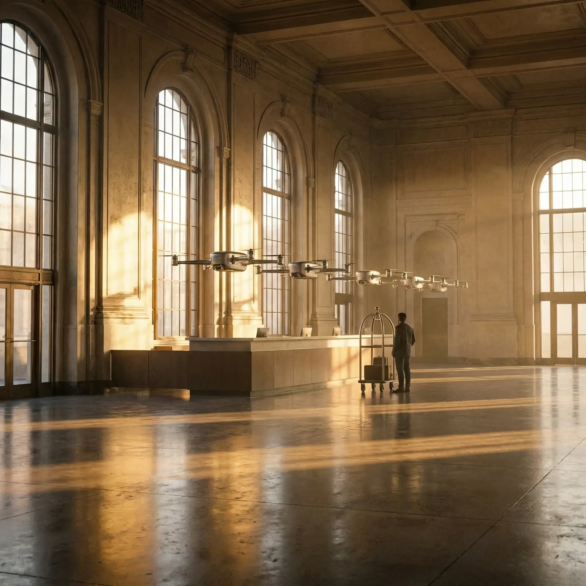 Архитектура и дизайн: Дроны-пульсаторы создают волнообразные изменения плотности воздуха в атриуме, задавая ритм жизни вестибюль