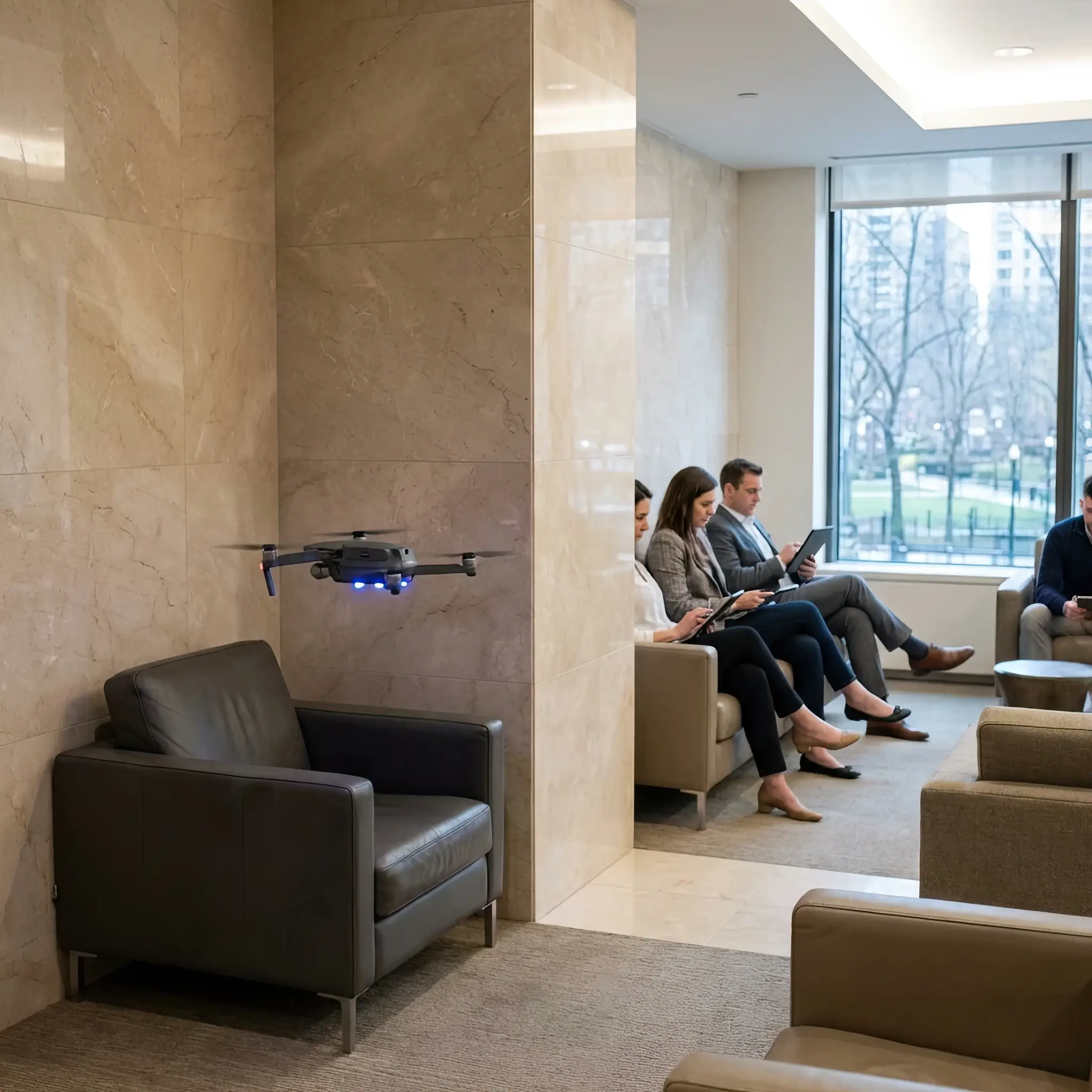 Архитектура и дизайн: Рой дронов-санитайзеров распыляет мелкодисперсное нано-облако активных антисептиков в пустом после полуночи атриуме