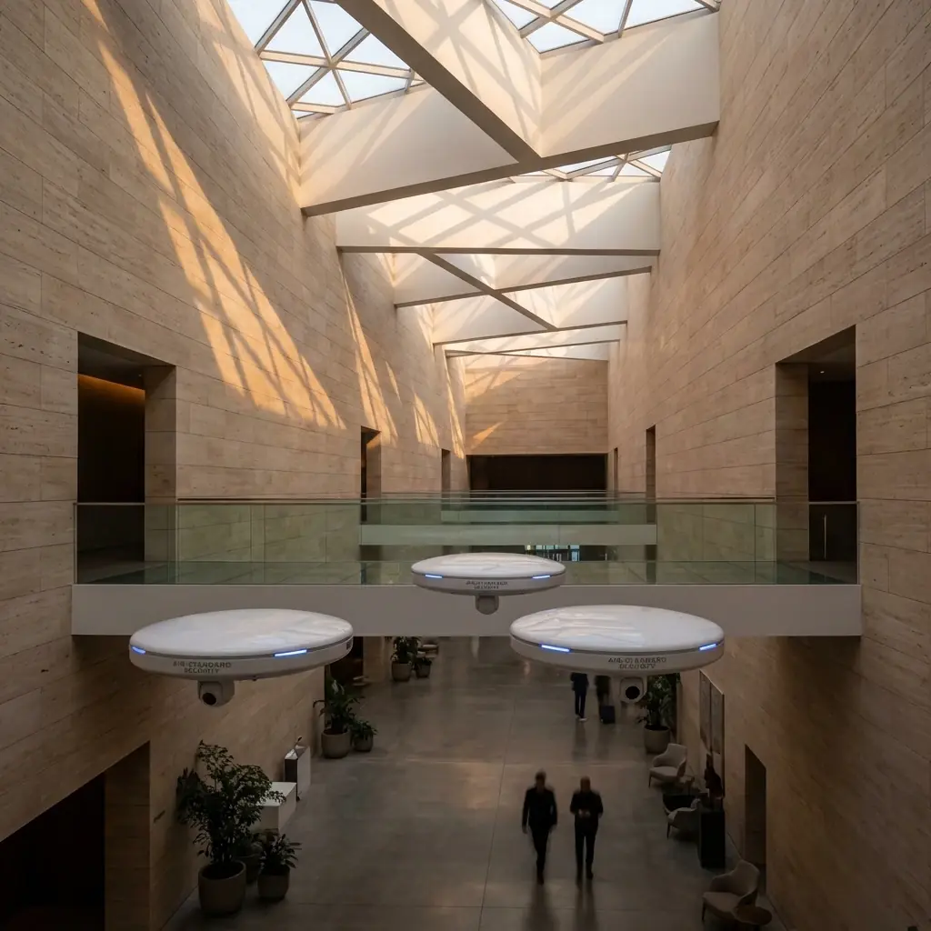 Архитектура и дизайн: Автономные стражи бесшумно патрулируют своды атриума, осуществляя прецизионный масс-спектрометрический анализ воздушной среды