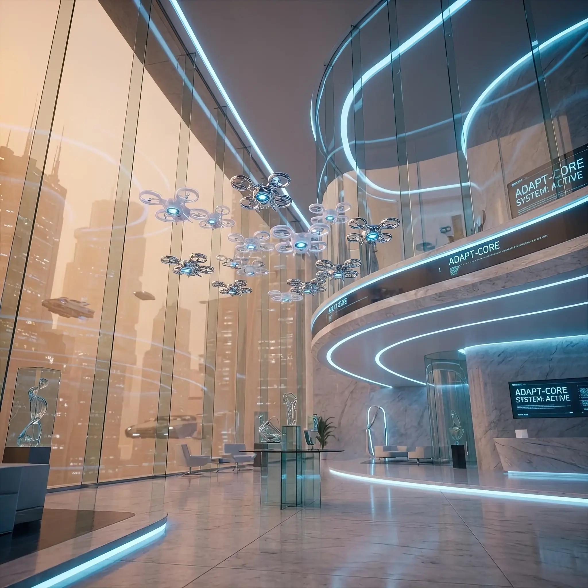 Архитектура и дизайн: Миниатюрный дрон завис перед фасадом вестибюль, сканируя структуру стены в ИК-диапазоне для поиска скрытых дефектов