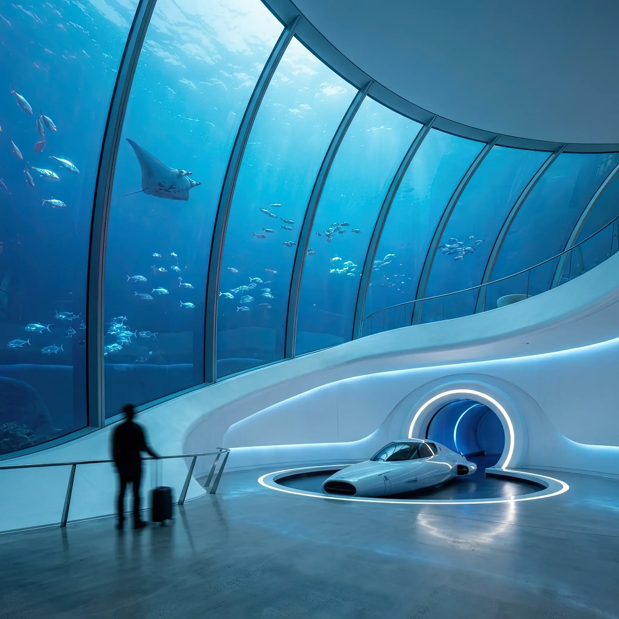 Архитектура и дизайн: Футуристический подводный терминал с панорамным видом на океанское дно и стыковочным узлом для субмарин