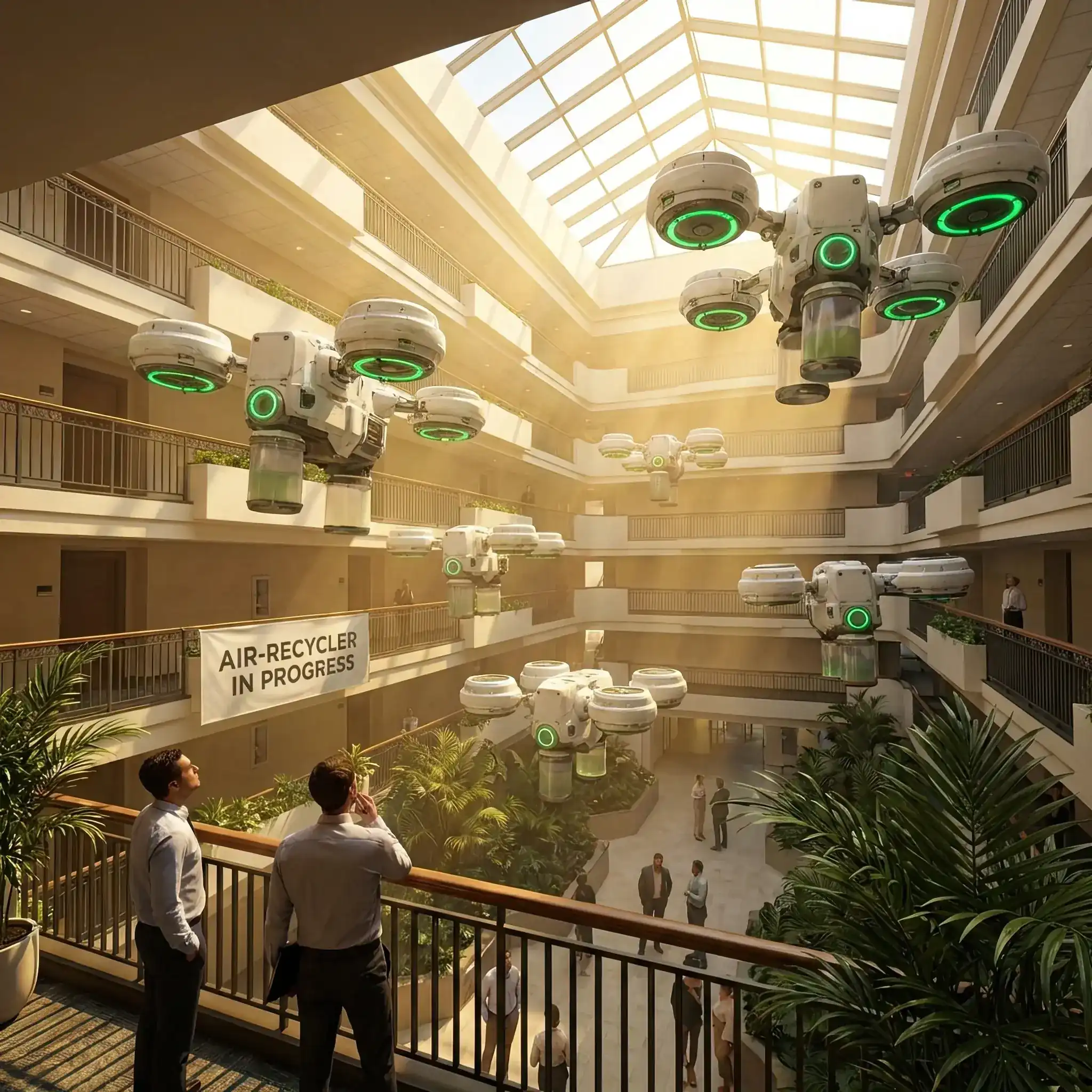 Архитектура и дизайн: Минималистичный робот в вестибюль аккуратно забирает пустой стакан у гостя и мгновенно определяет его материал для переработки