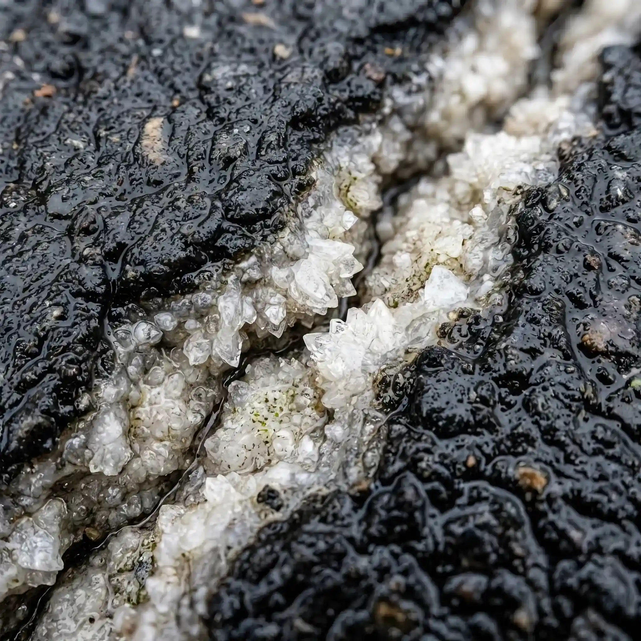 Interior detail: Bio-Road 2026 asphalt microstructure with visible healing crystals