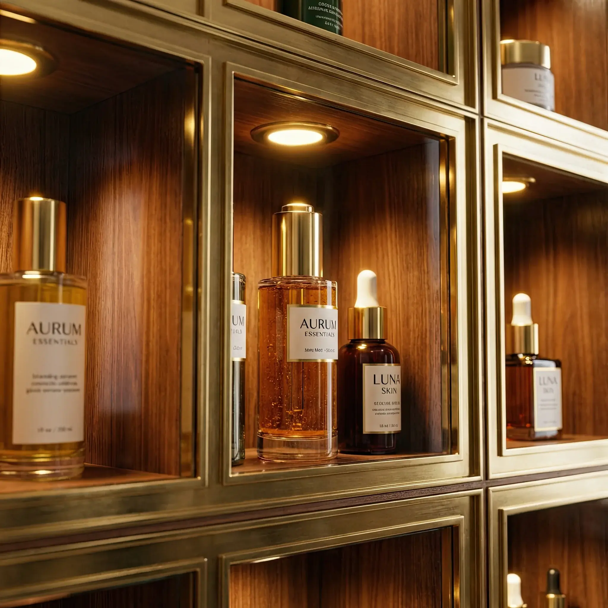 Interior detail: Reception desk with built-in niches for cosmetics and product lighting