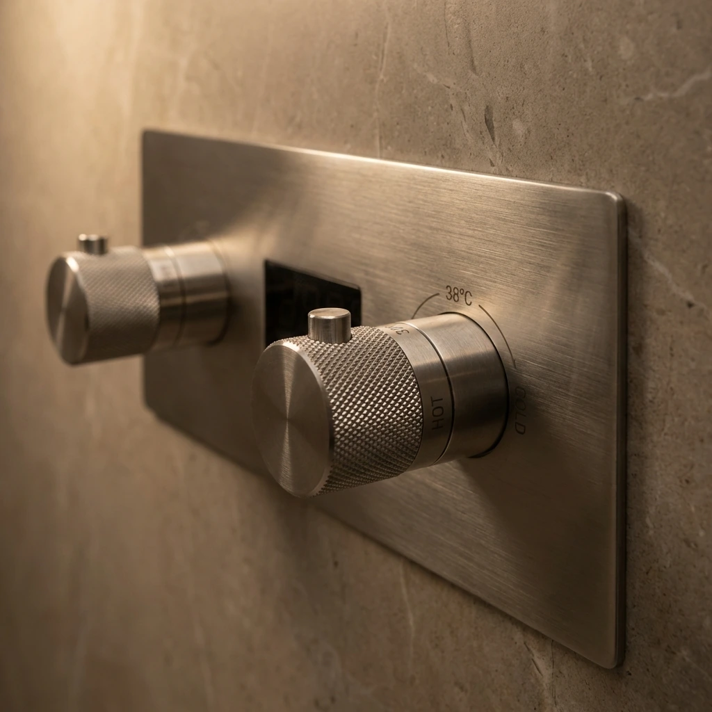 Interior detail: Ipê solid wood reception countertop on a concrete base