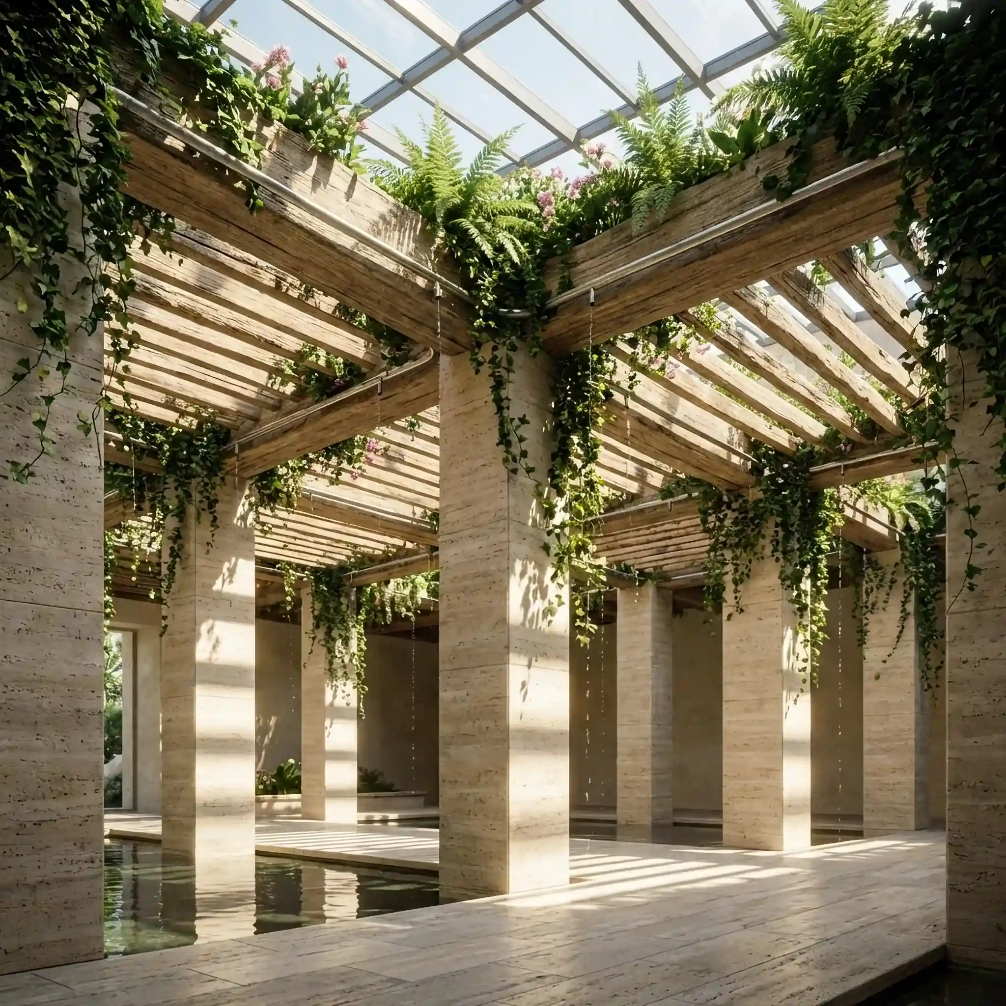 Архитектура и дизайн: Интерьер вестибюль с интегрированными живыми биологическими структурами и вертикальными садами