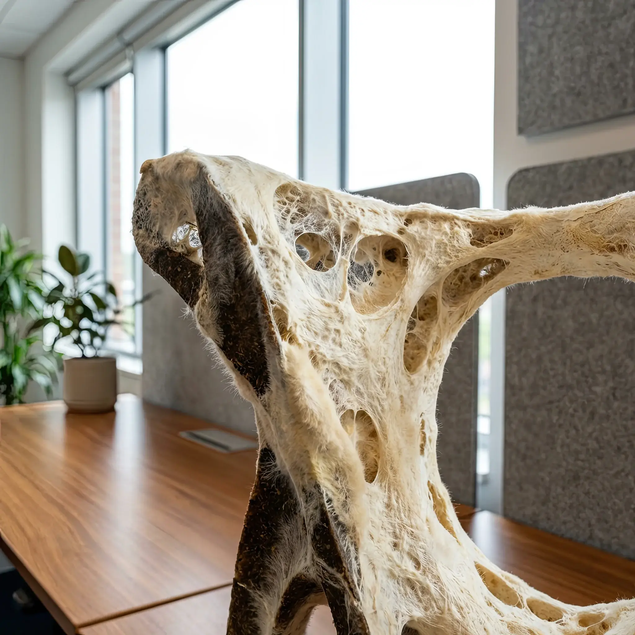 Архитектура и дизайн: Деталь мебели с органической пористой структурой, выращенной из мицелия и био-композитов