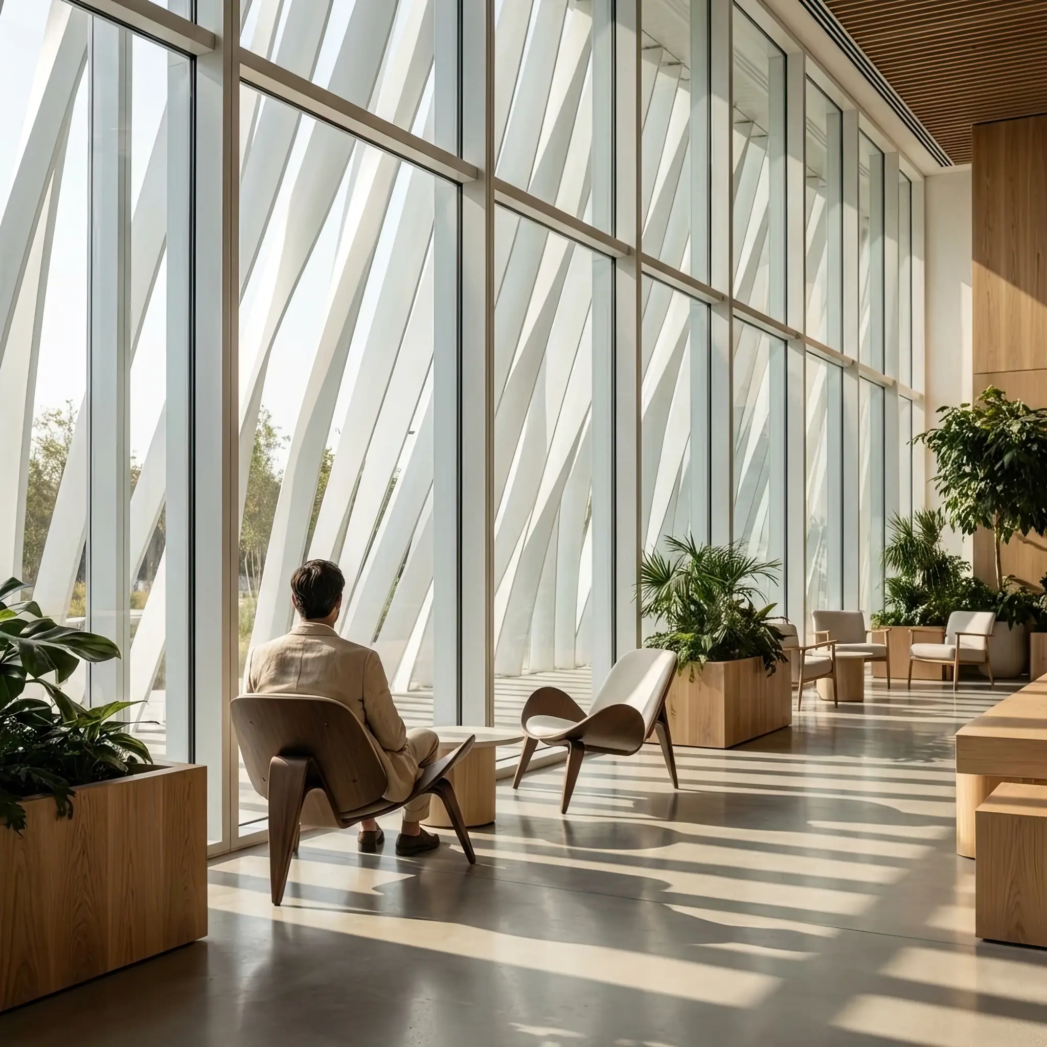 Архитектура и дизайн: Фасадные ламели вестибюль плавно меняют угол наклона, следуя за движением солнца и обеспечивая идеальное освещение внутри здания