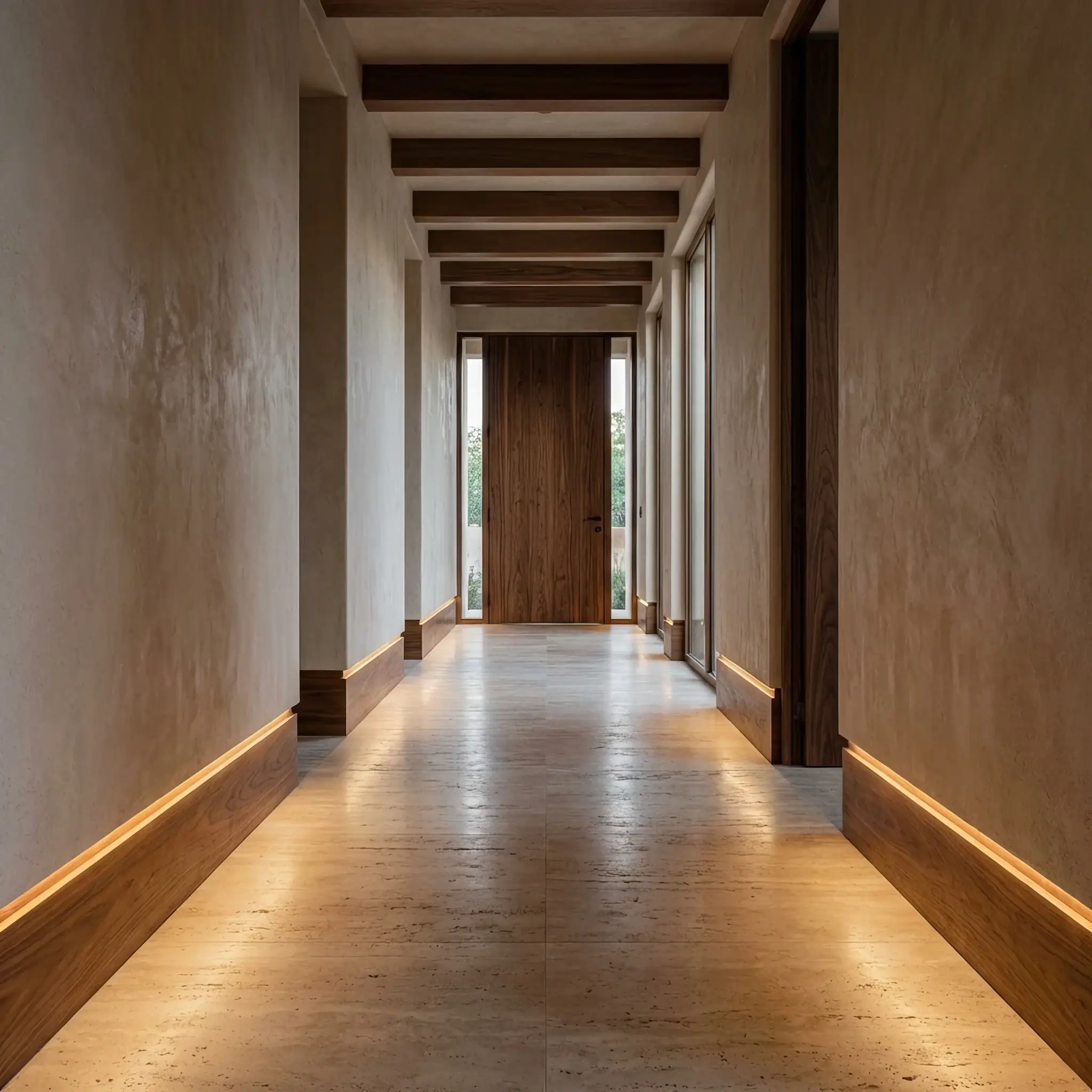 Архитектура и дизайн: Дорожка в вестибюль, мягко подсвеченная встроенными сосудами с живыми светящимися водорослями