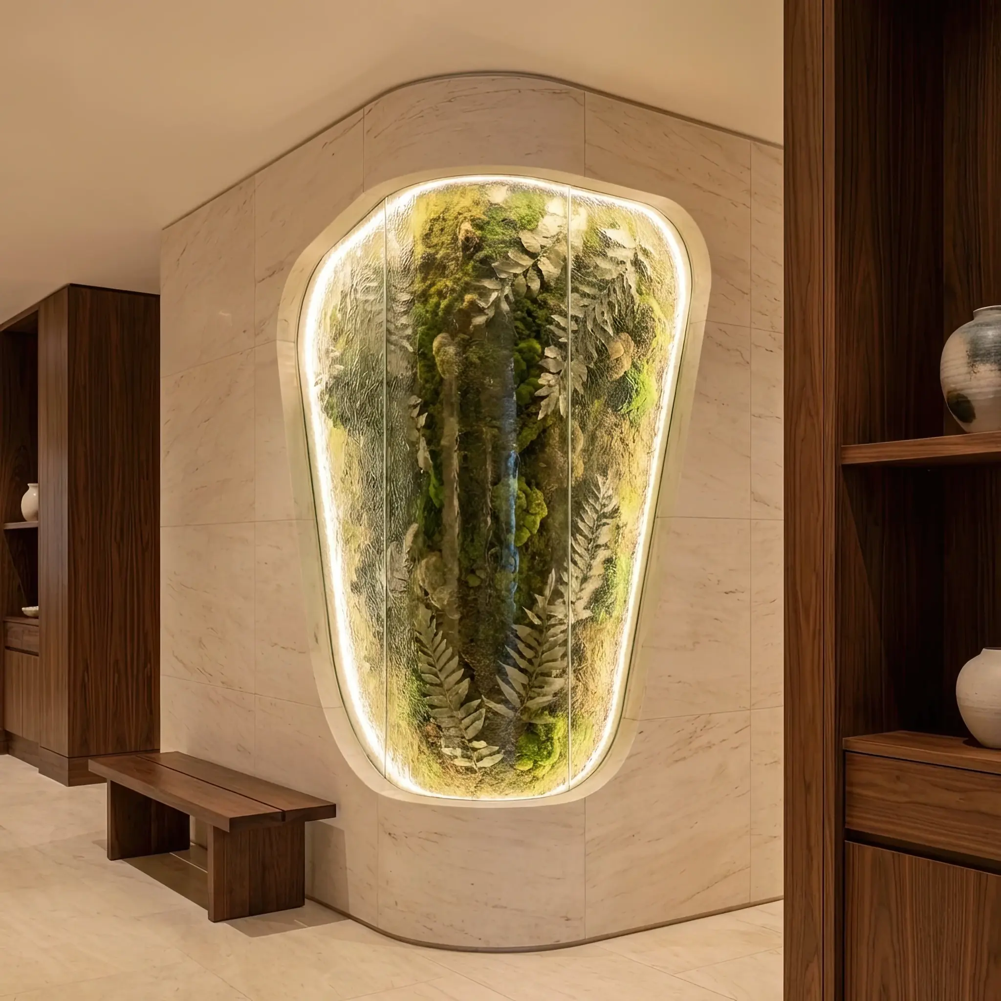 Архитектура и дизайн: Стеклянная стена, заполненная светящимися зелеными микроводорослями, которая активно вырабатывает кислород в атриуме вестибюль