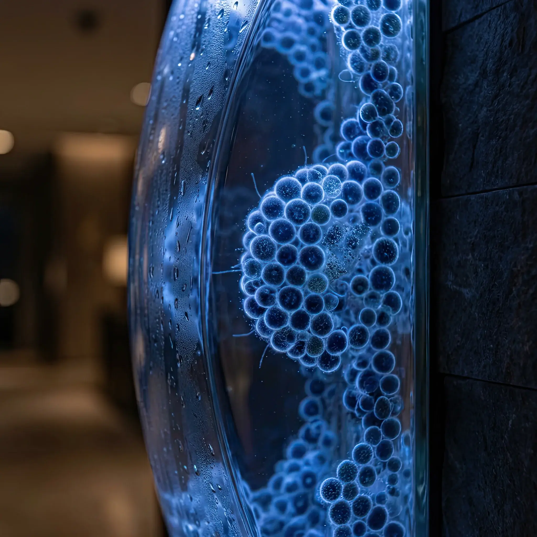 Interior detail: Close-up of a bioluminescent panel with circulating algae