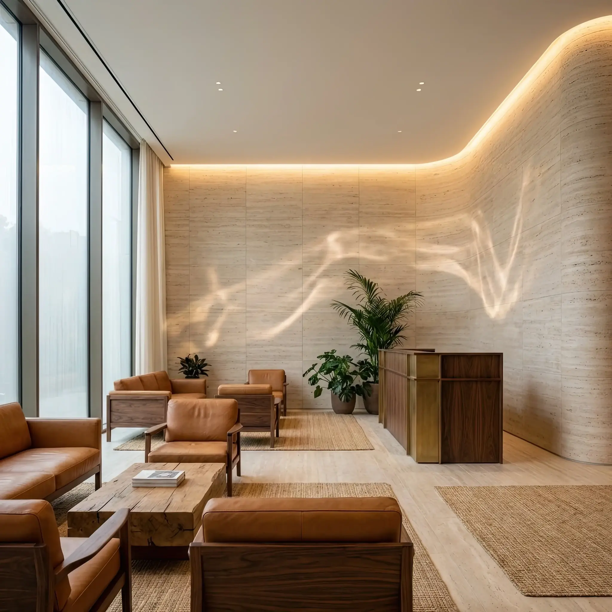 Архитектура и дизайн: Резидент входит в вестибюль, и световая инсталляция плавно меняет оттенок, персонализируя пространство под его профиль