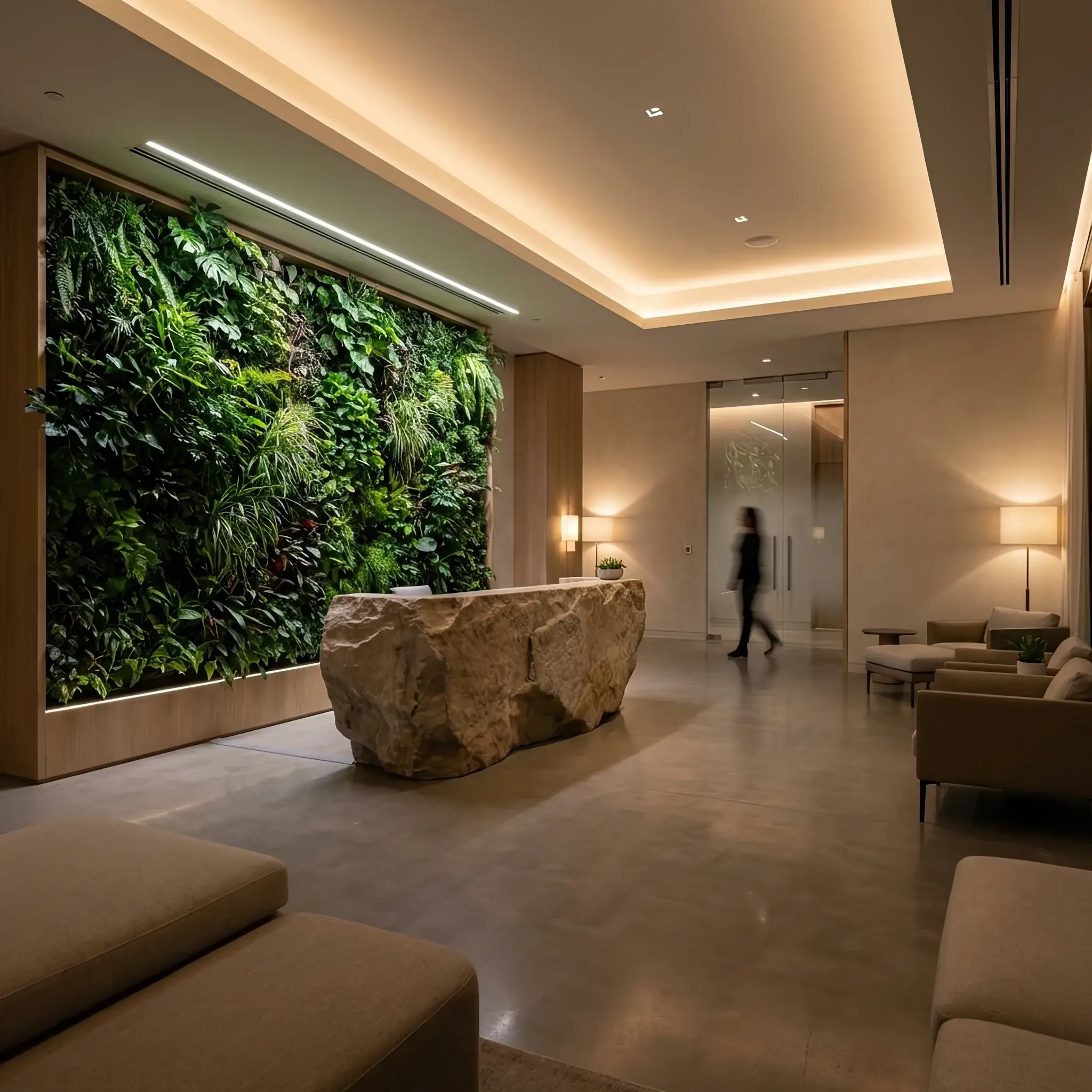 Архитектура и дизайн: Светлое вестибюль клиники со стойкой из белого камня и интегрированными живыми растениями