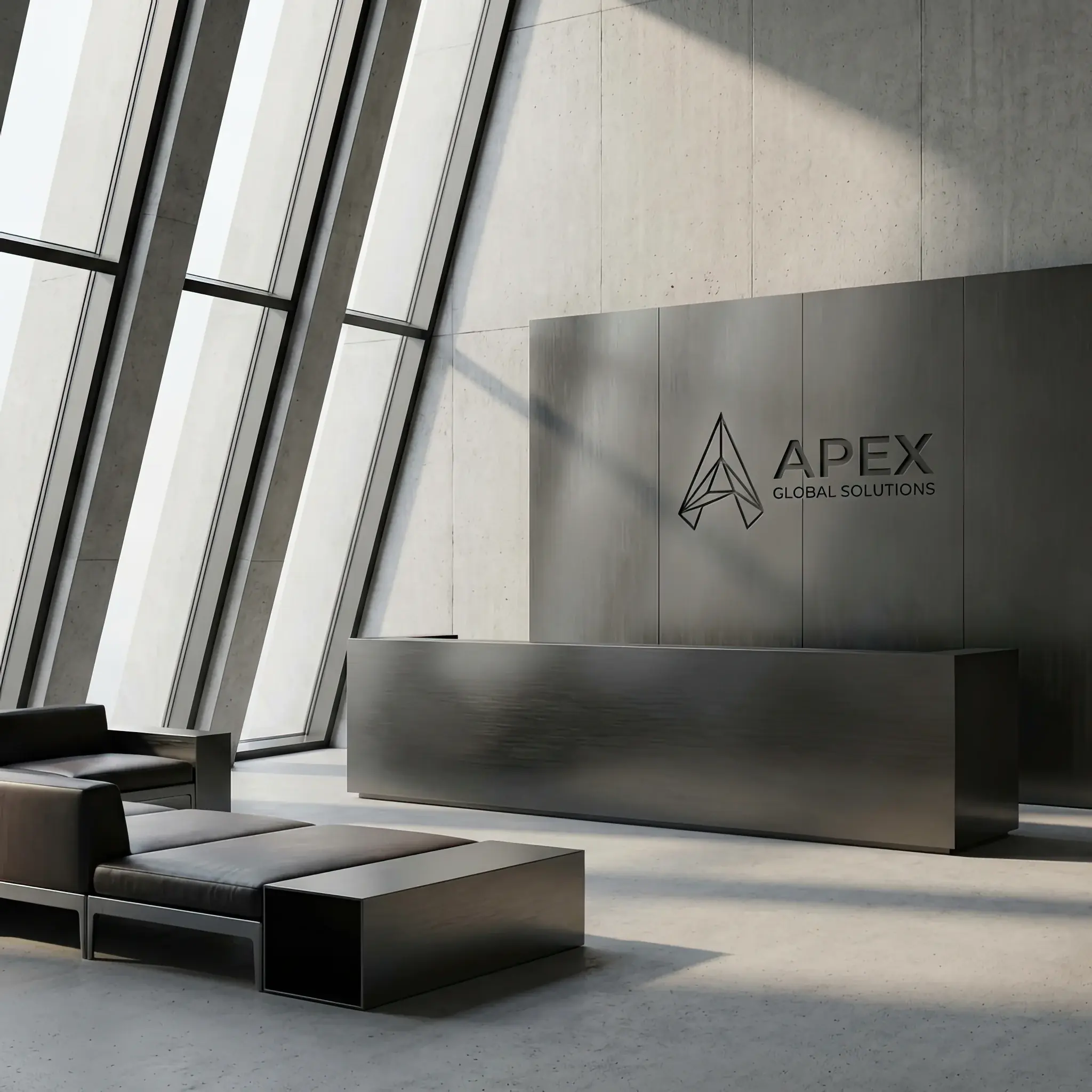 Архитектура и дизайн: Минималистичный приемная с деликатной гравировкой логотипа на металле, отражающий корпоративные ценности