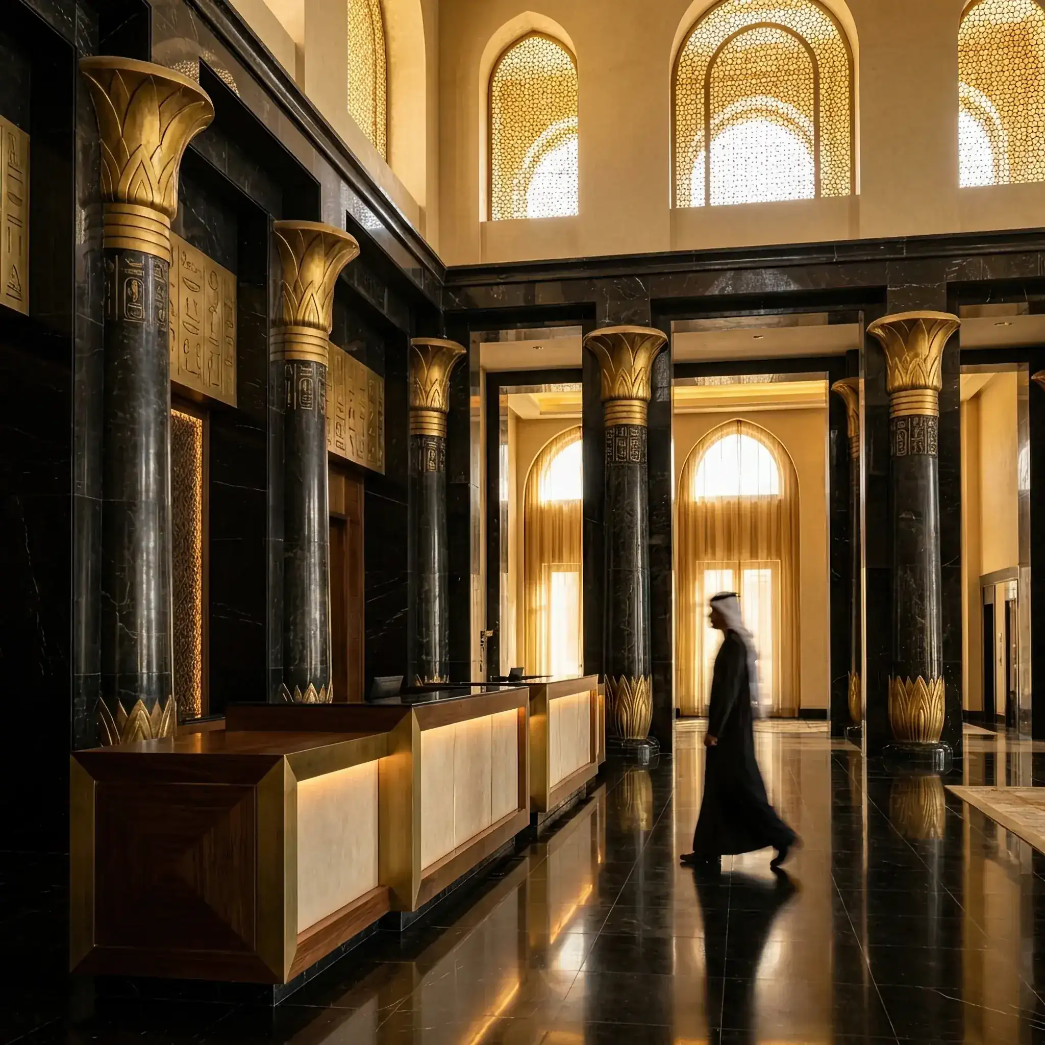 Архитектура и дизайн: Монументальный холл с черным мрамором, золотыми колоннами и геометрически строгой стойкой приемная