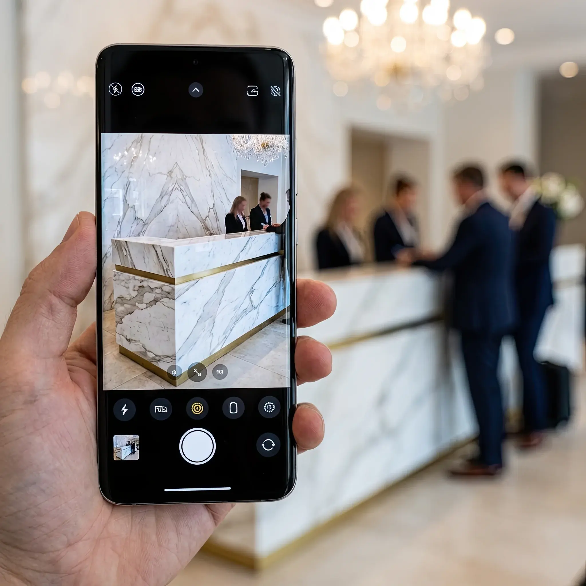 Interior detail: Guests taking photos against a stunning reception, creating 'organic' brand marketing