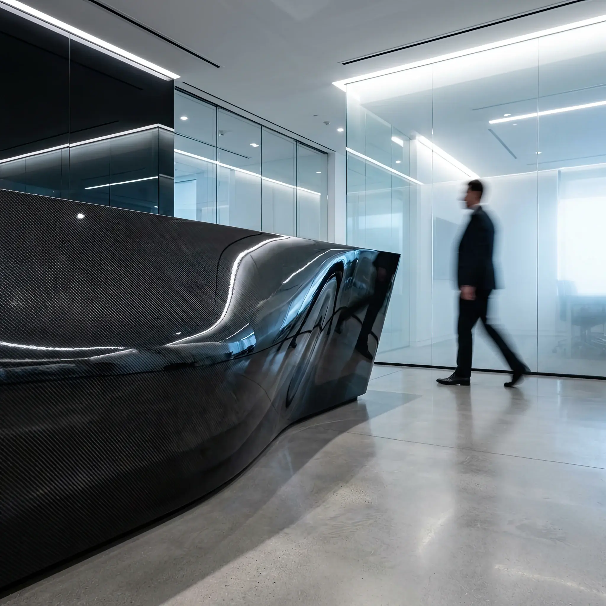 Архитектура и дизайн: Стойка приемная с идеально гладким карбоновым фасадом, имеющим характерный шахматный рисунок плетения под глубоким слоем лака