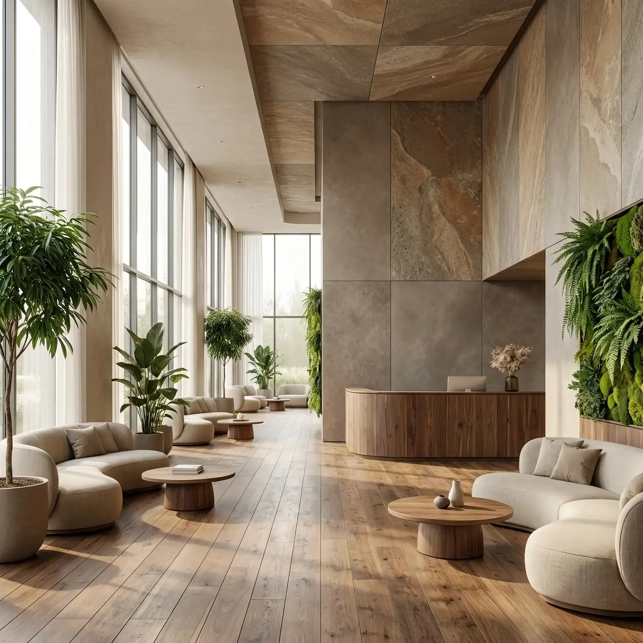 Архитектура и дизайн: Стильный интерьер вестибюль, выполненный из инновационного бетона, который активно поглощает углекислый газ из атмосферы