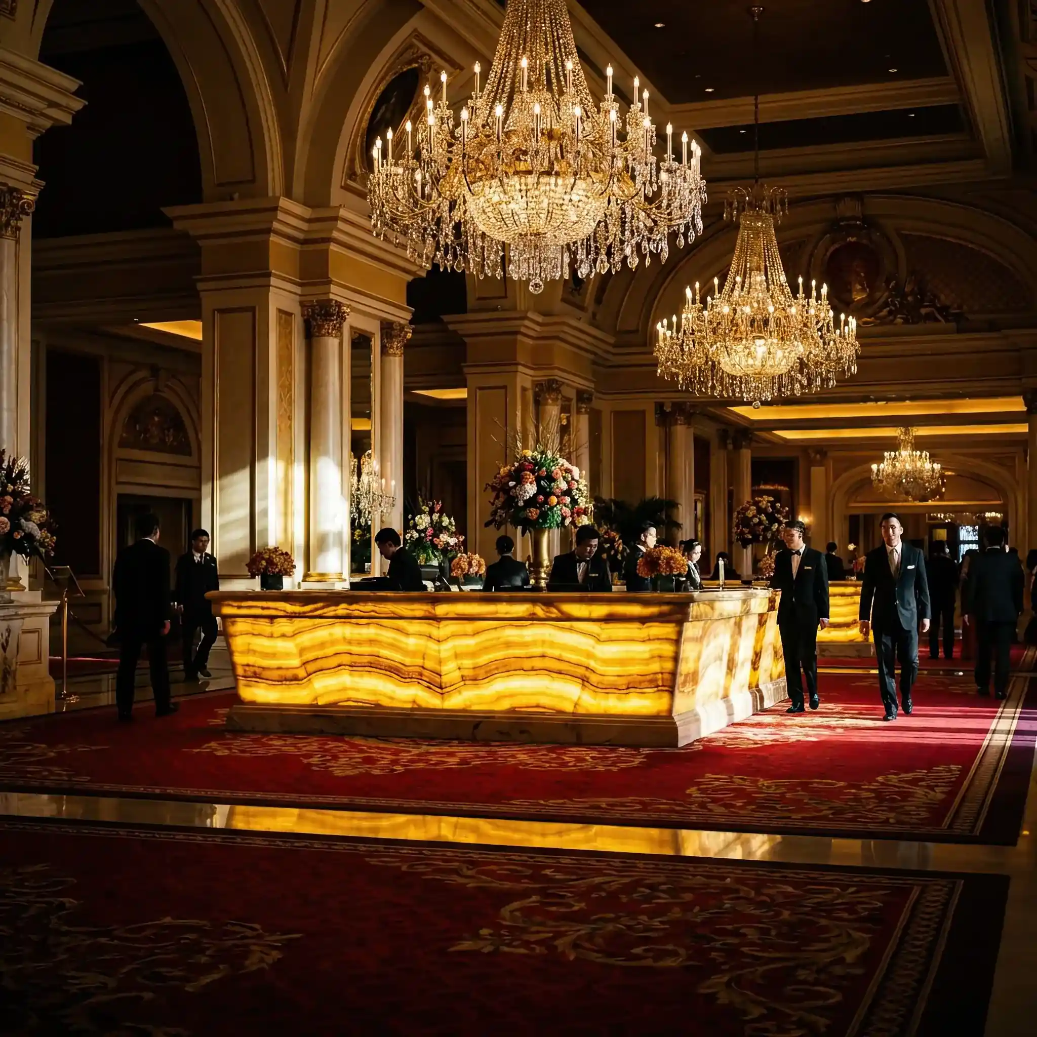 Архитектура и дизайн: Роскошный холл казино в Макао с золотой стойкой приемная, красными коврами и хрустальными люстрами