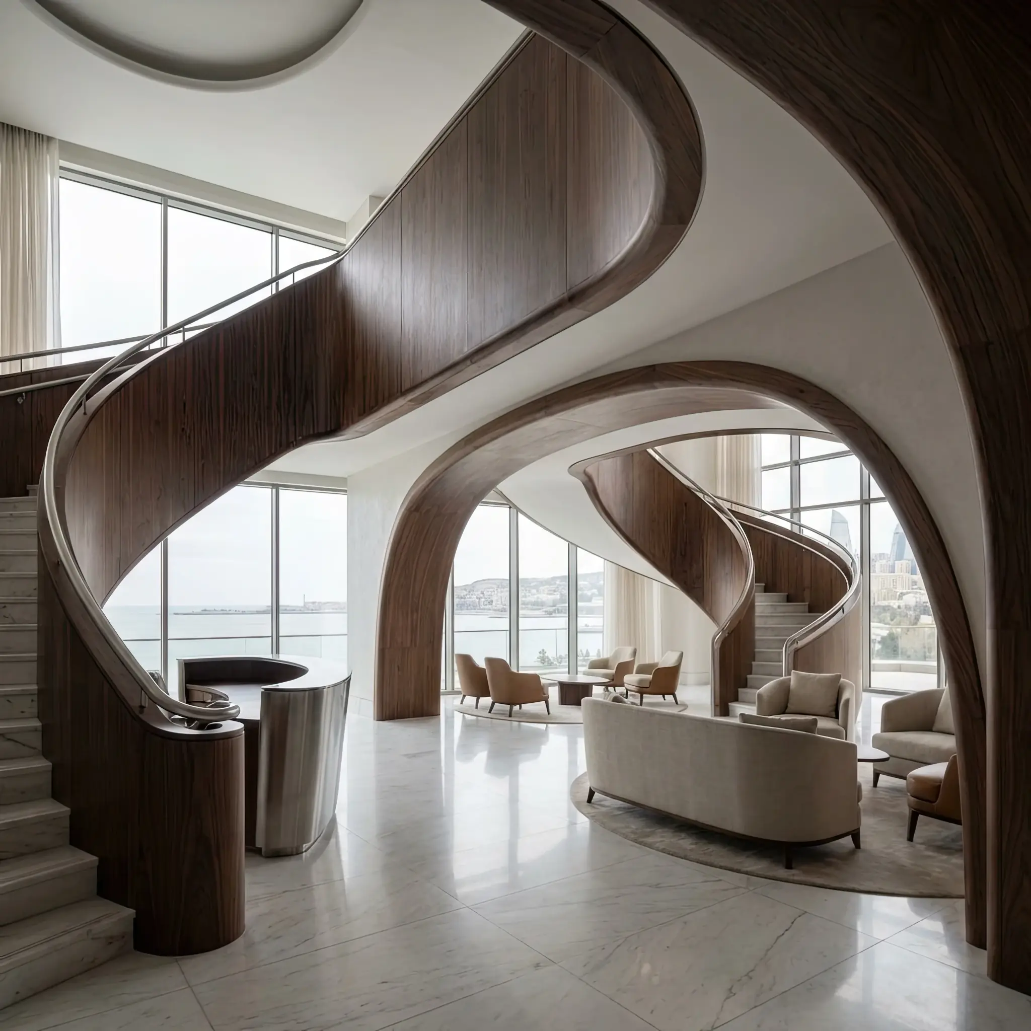 Архитектура и дизайн: Футуристичный приемная в Баку с бесшовными изгибами и высокоглянцевым покрытием