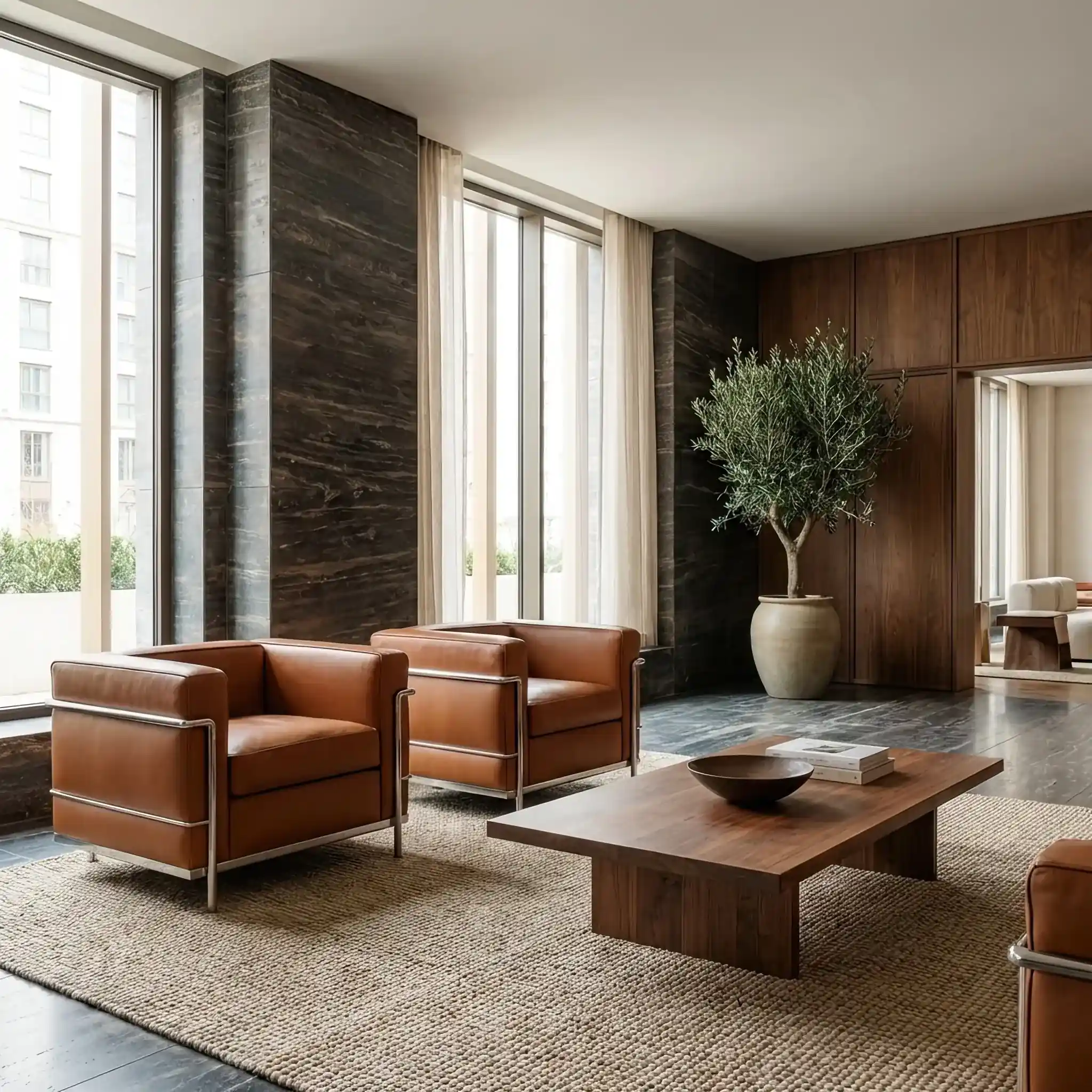 Архитектура и дизайн: Кресло Cassina LC2 в черной коже с хромированным каркасом в минималистичном интерьере