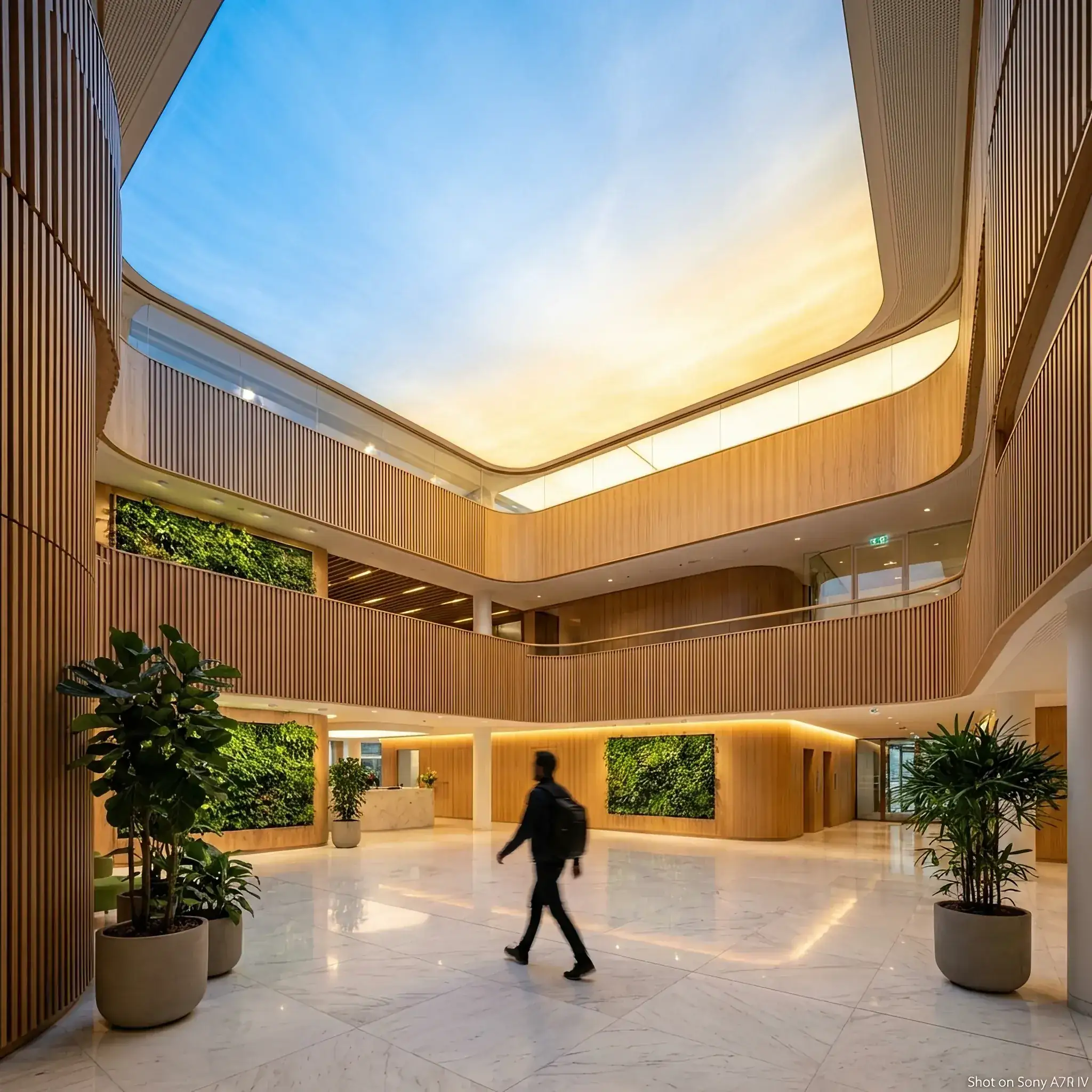 Архитектура и дизайн: Светлое атриумное вестибюль с интеллектуальной системой освещения, имитирующей естественное небо
