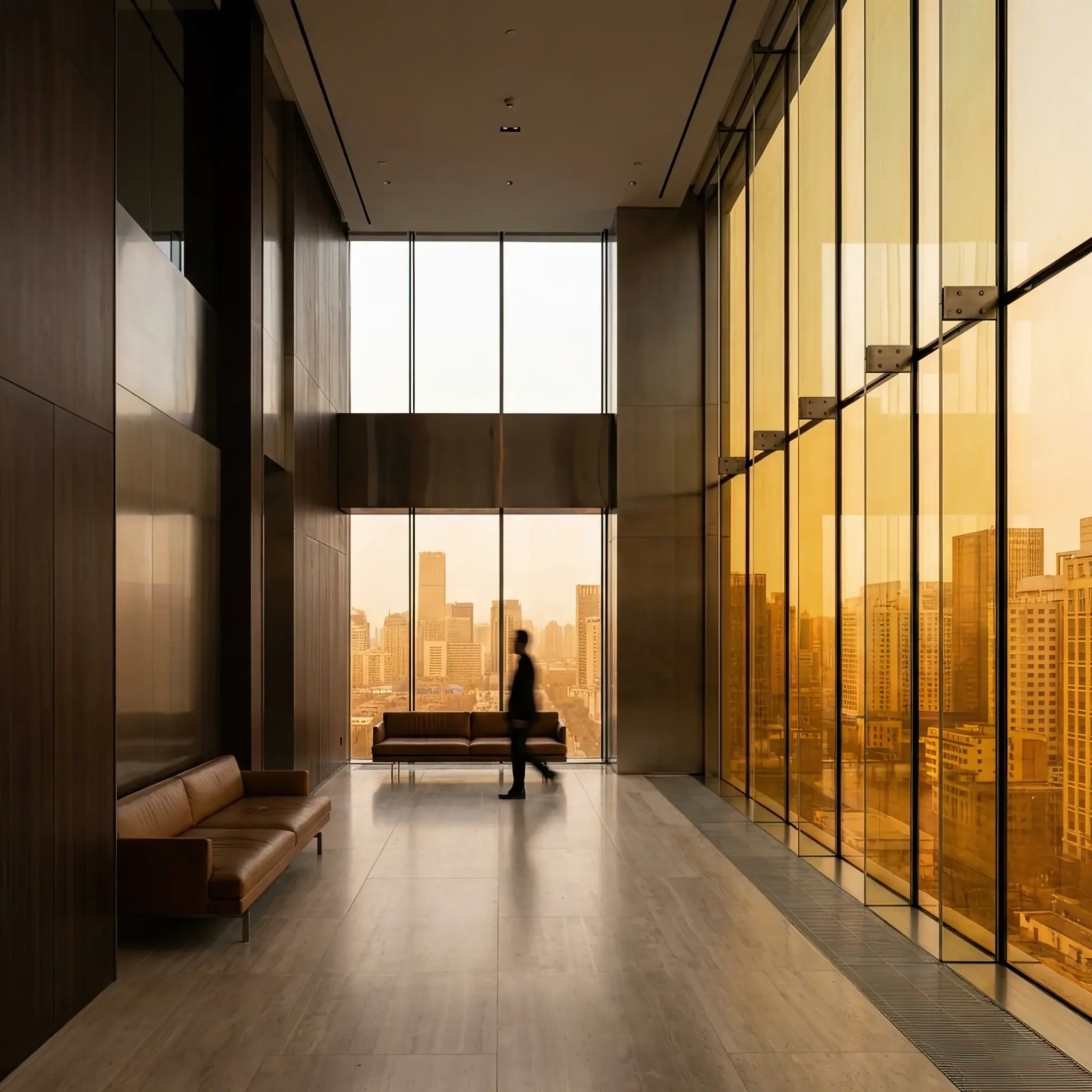 Архитектура и дизайн: Панорамное вестибюль со умный остеклением, которое окрашивает городской пейзаж в теплые золотистые тона