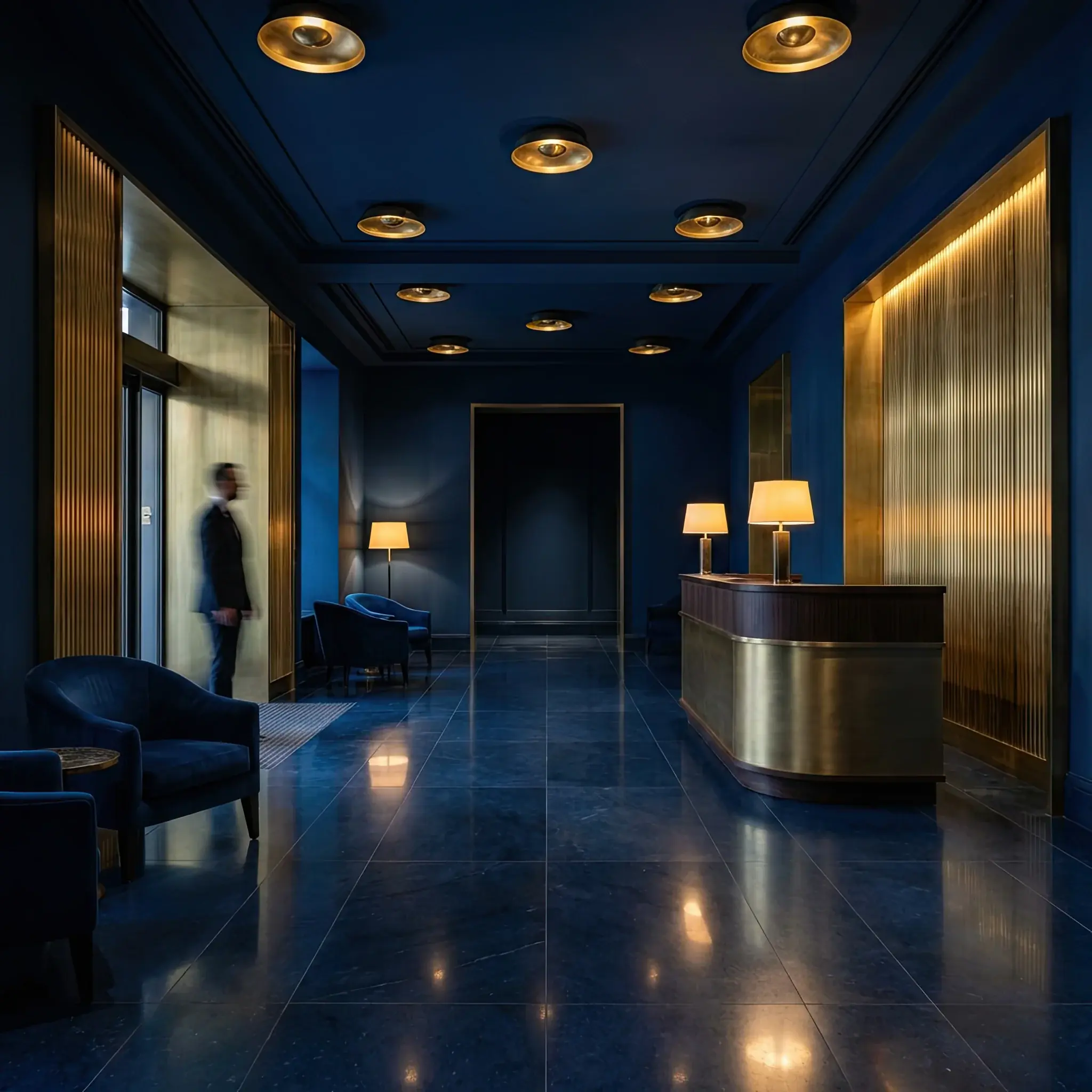 Архитектура и дизайн: Интерьер стойка регистрации в глубоких синих и золотых тонах, создающий ощущение стабильности и высокого статуса