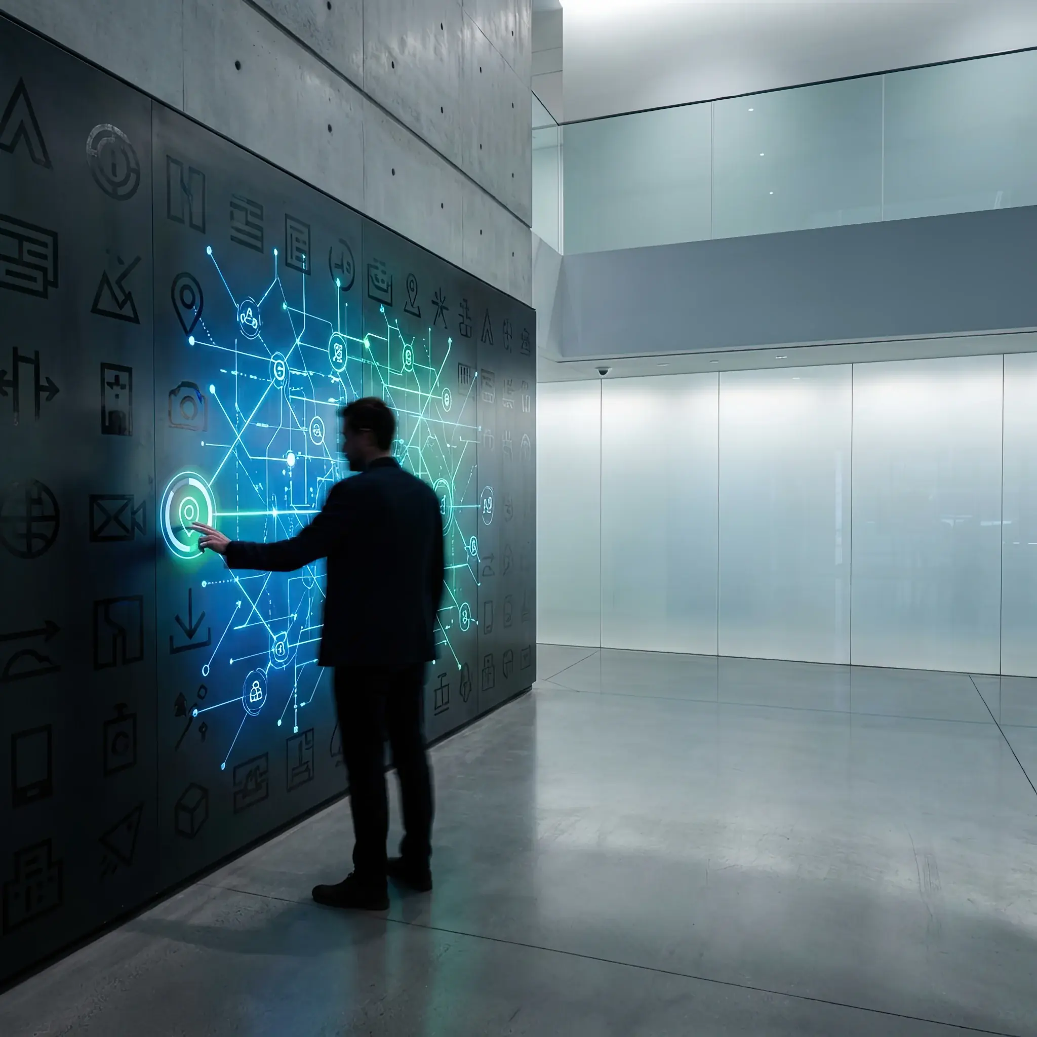 Архитектура и дизайн: Посетитель касается нарисованной на стене иконки, и стена загорается интерактивной картой