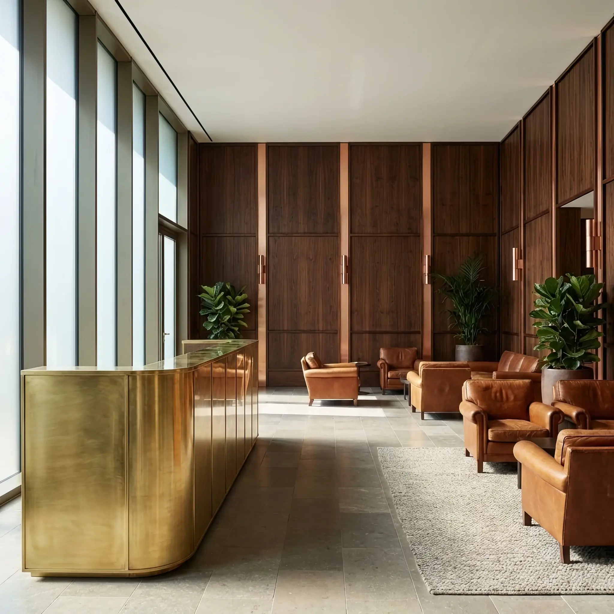 Архитектура и дизайн: Элегантная стойка приемная с медными элементами и глянцевой поверхностью