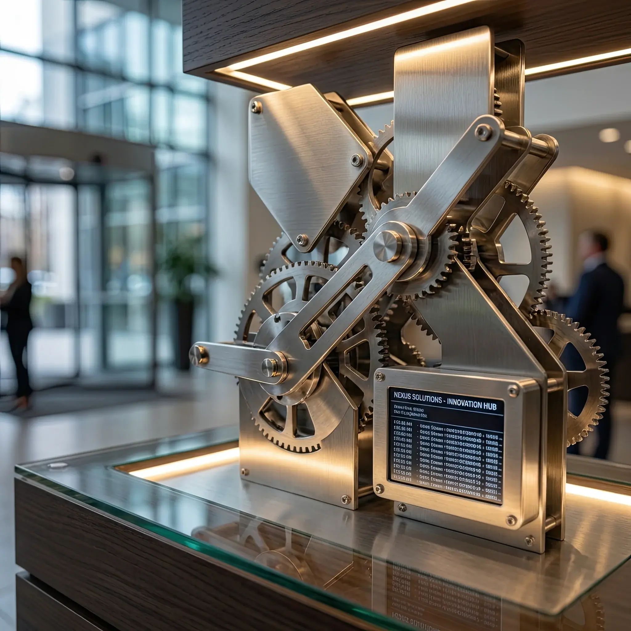 Interior detail: Reception desk with augmented reality elements demonstrating brand technology