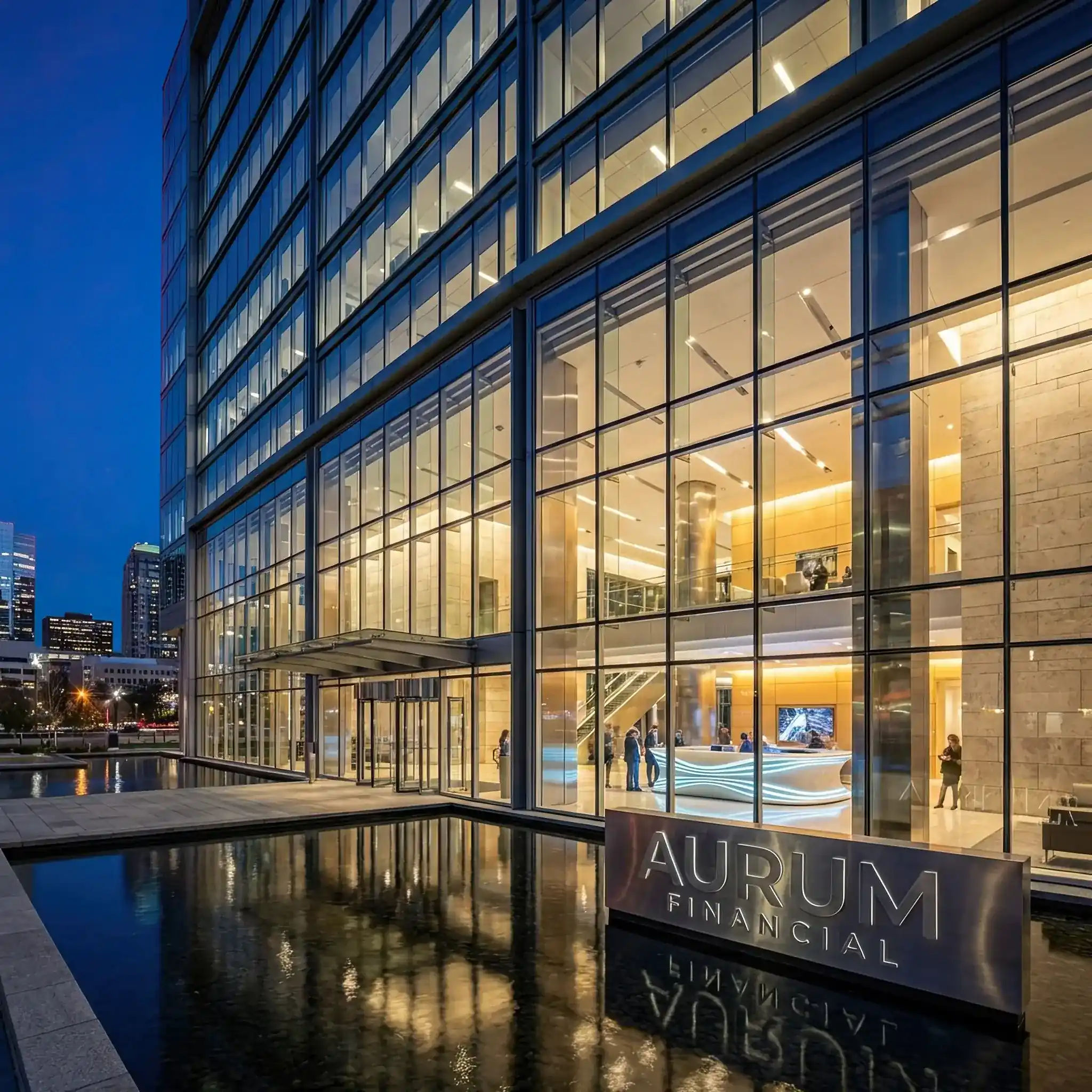 Архитектура и дизайн: Современное здание штаб-квартиры, где интерьер вестибюль просматривается через панорамное остекление, создавая образ успеха