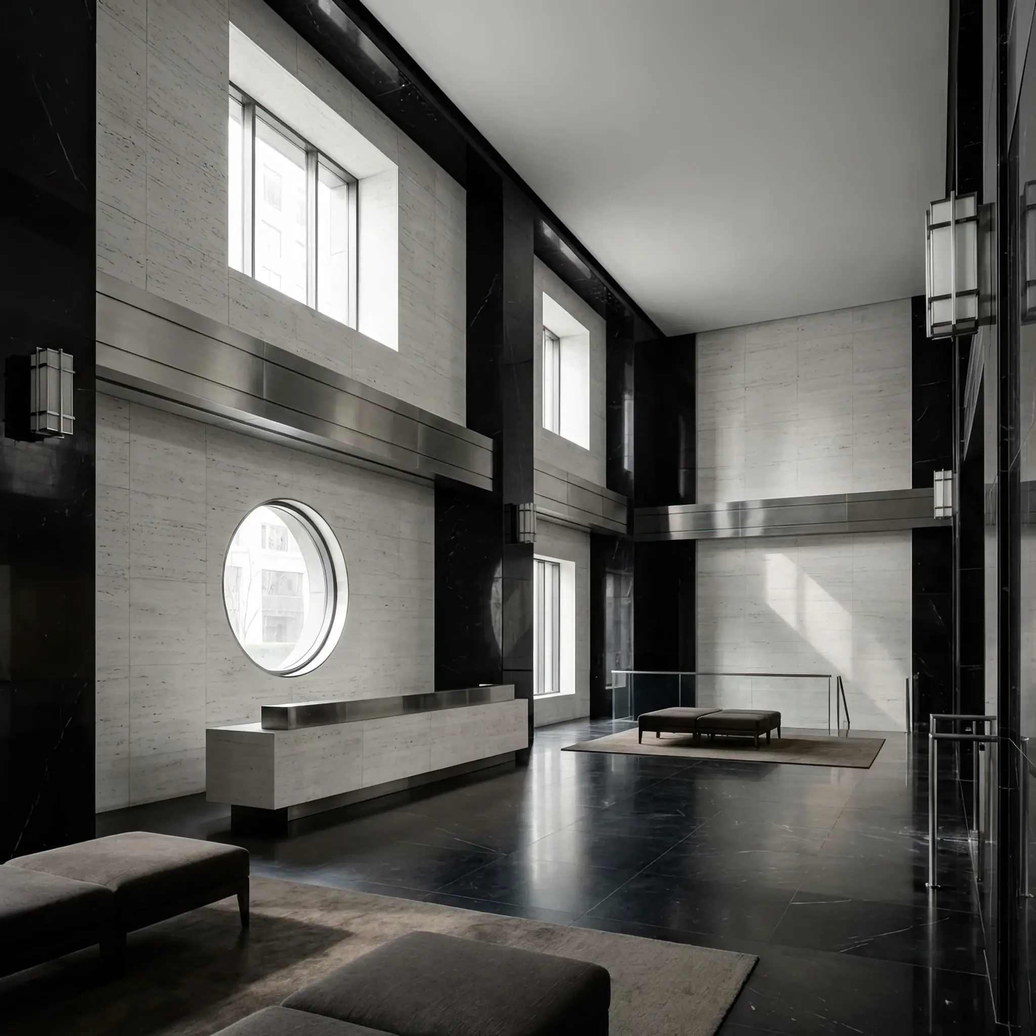 Архитектура и дизайн: Футуристический белый холл крио-центра с капсулами и стойка регистрации из матового стекла с голубой подсветкой